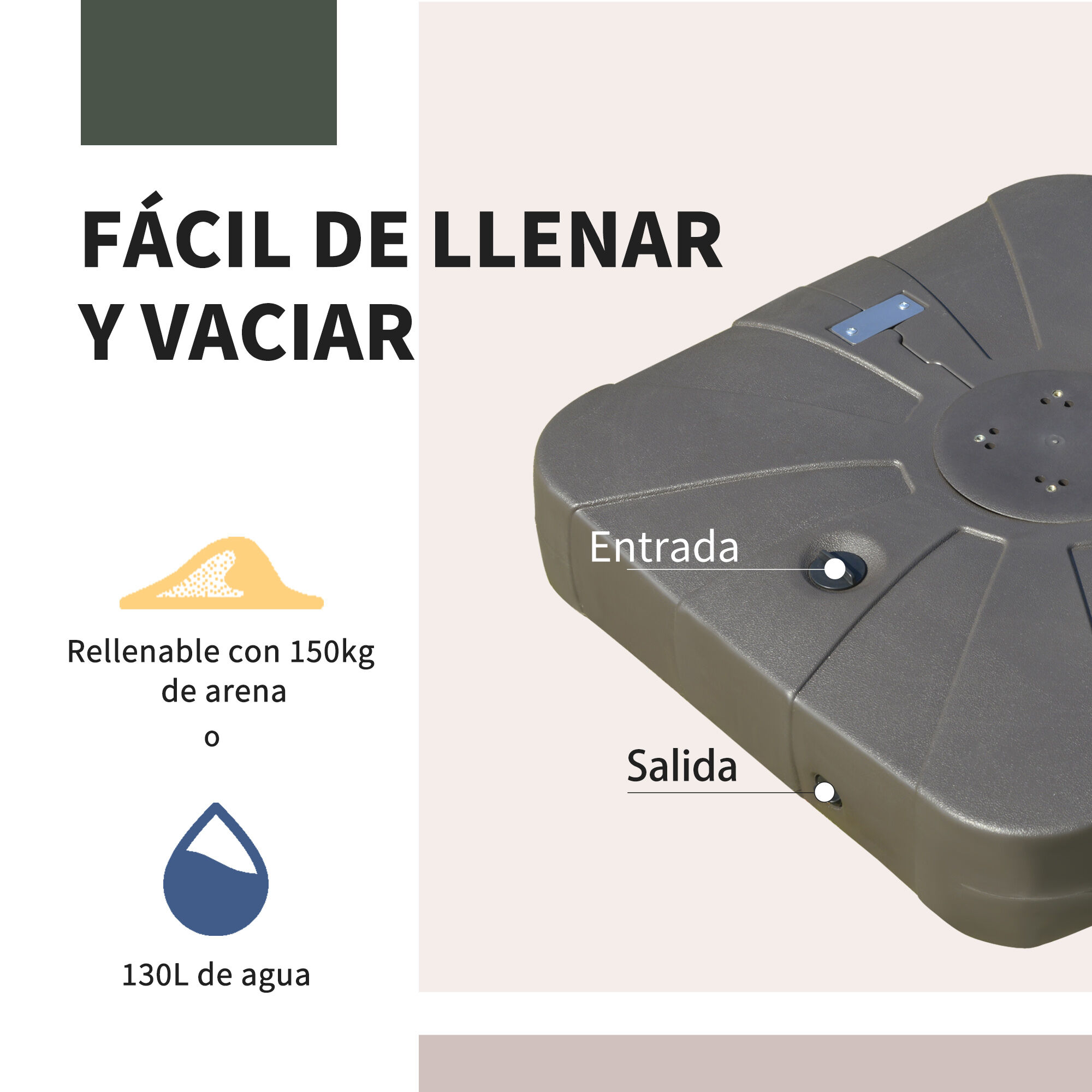Outsunny Base para Sombrilla Excentrica Grande Rellenable de Arena y Agua con 4 Ruedas para Exteriores Patio Jard&iacute;n 88x88x19 cm Caf&eacute;, , large Imagen numero 5