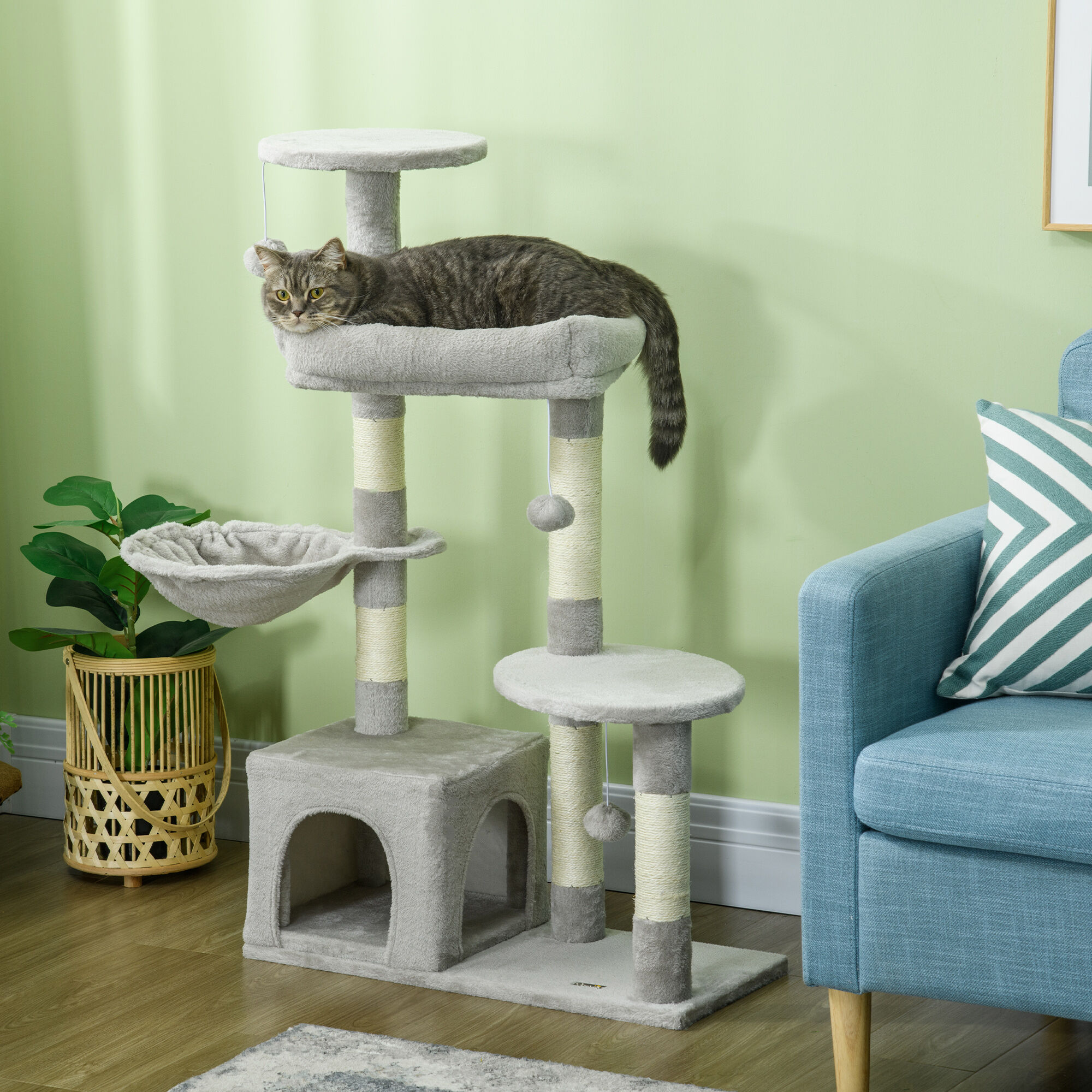 PawHut Rascador para Gatos Altura 104 cm Árbol para Gatos Torre de Escalada con Postes Rascadores de Sisal Cueva Plataformas y Bolas Colgantes Gris Claro thumbnail