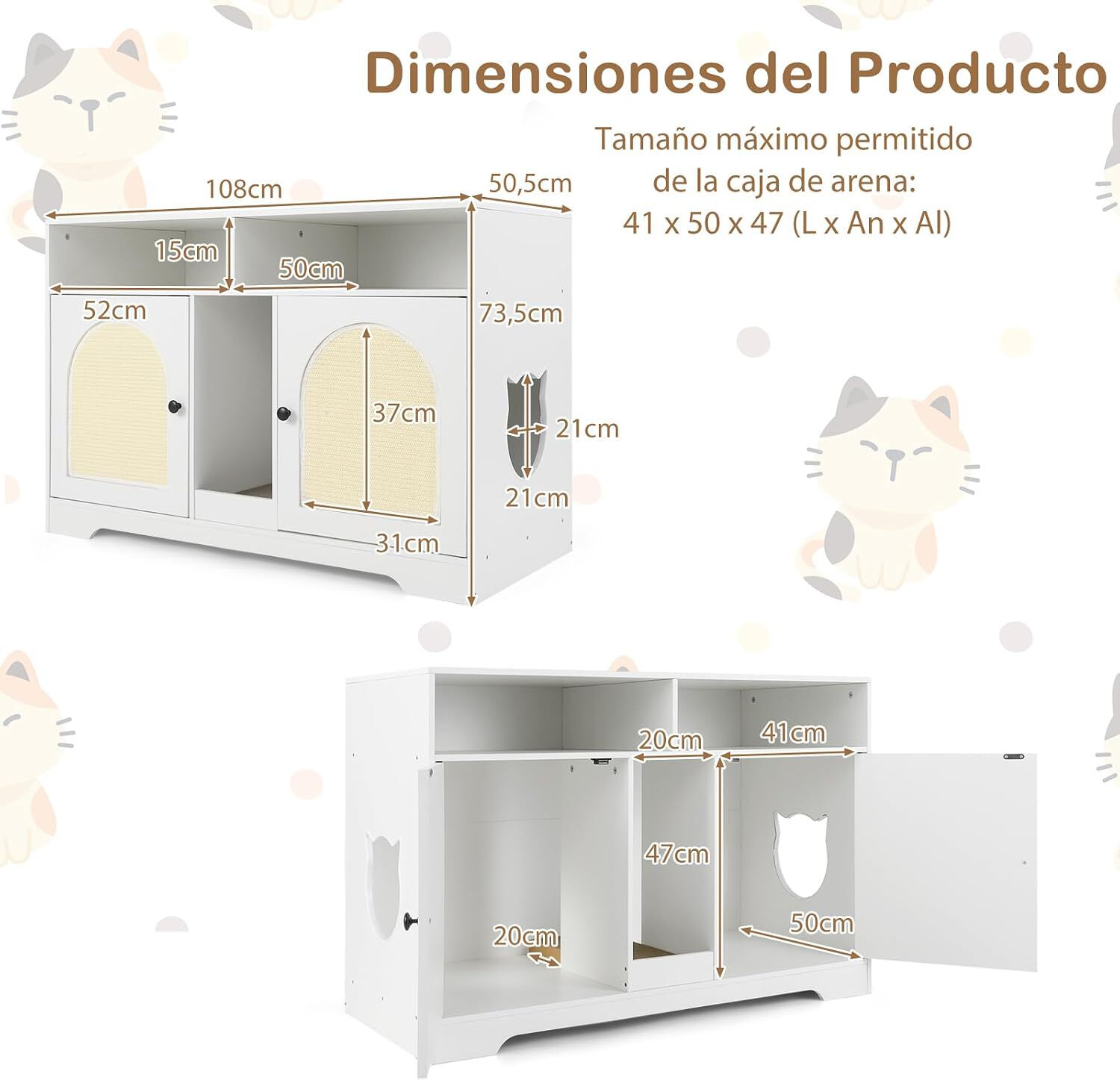 COSTWAY Caja de Arena para Gatos para 2 Gatos, Mueble Oculto para Ba&ntilde;o con Almacenamiento, Habitaciones Dobles, Rascador y 2 Alfombrillas de Sisal, Mesa Auxiliar de Madera para Interior, , large Imagen numero 5