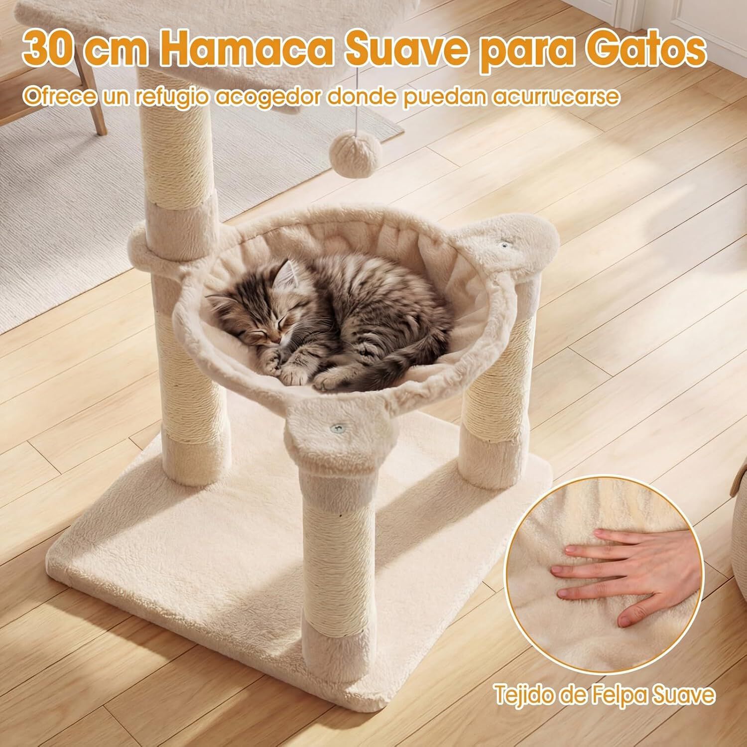 COSTWAY &Aacute;rbol Rascador para Gatos, 40 x 40 x 64 cm Torre para Gatos (Beige) | Torre para Gatitos de Interior con Plataforma Grande y Hamaca, Postes Rascadores de Sisal Natural, Bola Colgante, , large Imagen numero 3