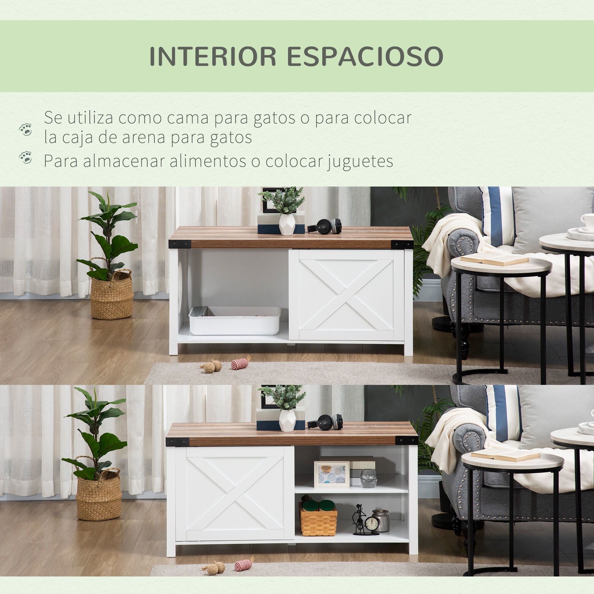 PawHut Mueble Arenero para Gatos Casa para Gatos de Madera 2 en 1 con Armario de Almacenaje Puerta Corredera y Estante Interior 109x51x52 cm Blanco, , large Imagen numero 5