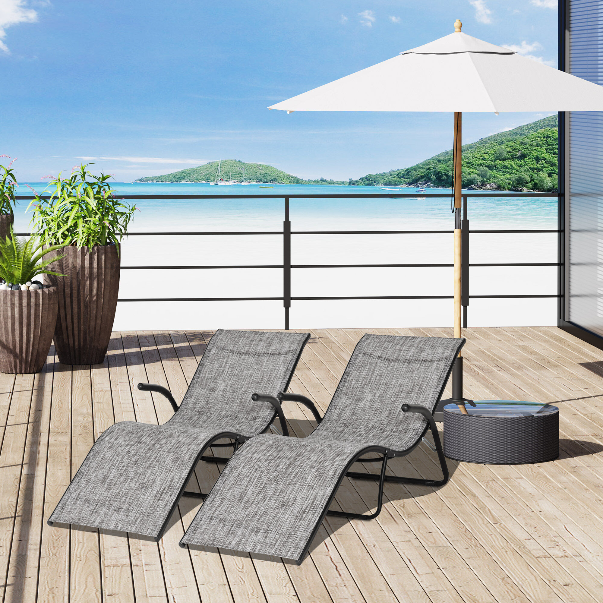 Outsunny Conjunto de 2 Tumbonas Plegables Tumbonas de Jard&iacute;n con Reposabrazos Reposapi&eacute;s y Respaldo Carga 160 kg para Terraza Playa Camping Exterior 170x62x68 cm Gris, , large Imagen numero 2