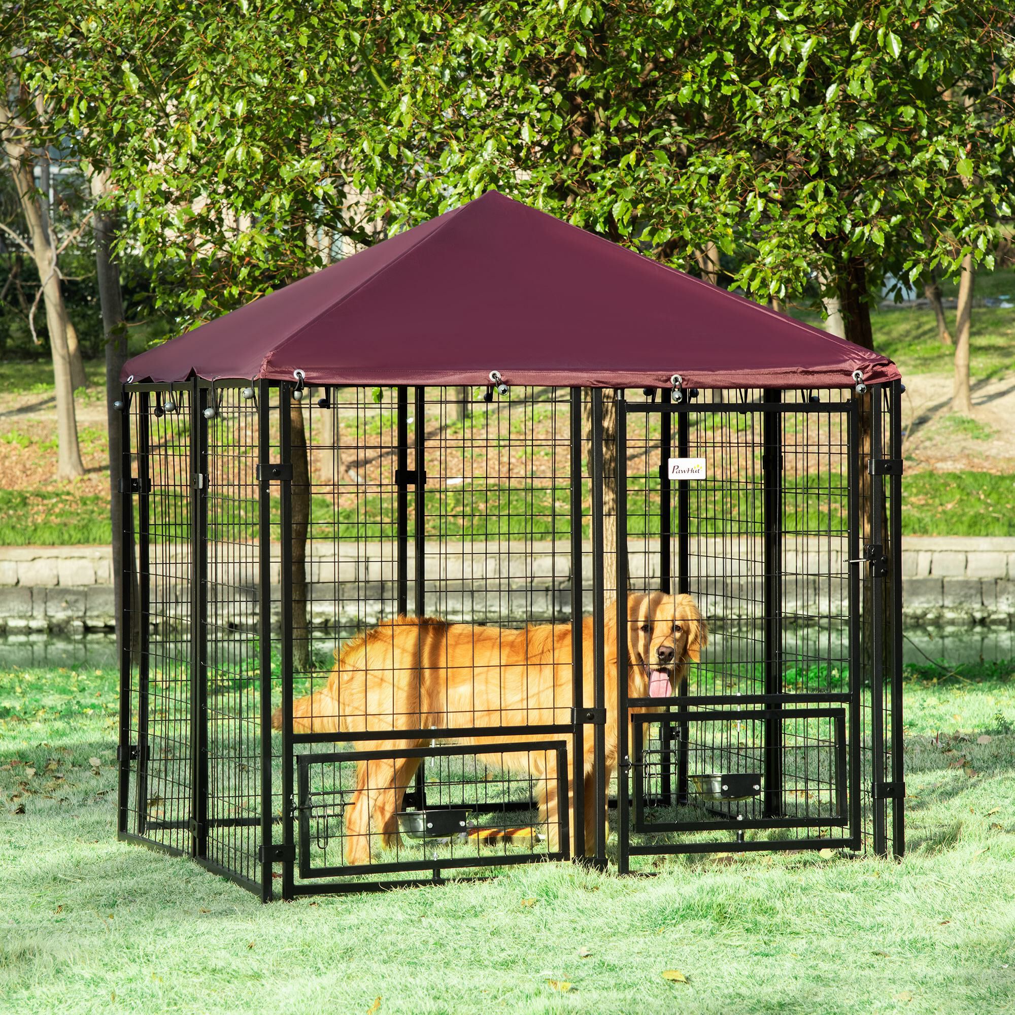 PawHut Perrera de 8 Paneles Parque para Perros Met&aacute;lica de Exterior con 2 Soportes Giratorios para Comida 2 Cuencos y Toldo de Impermeable y Anti-UV 141x141x153 cm Negro y Rojo, , large Imagen numero 2