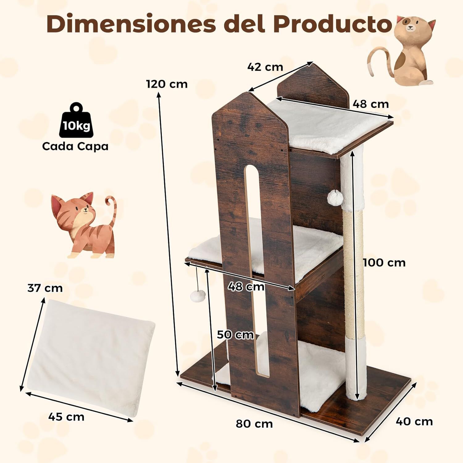 COSTWAY 120 cm &Aacute;rbol Rascador para Gato de Madera, Torre Rascador para Gatos con Poste de Sisal, Pelotas Colgantes, Cojines de Peluche Lavables, Mueble Auxiliara Multinivel para Gato, Industrial, , large Imagen numero 5