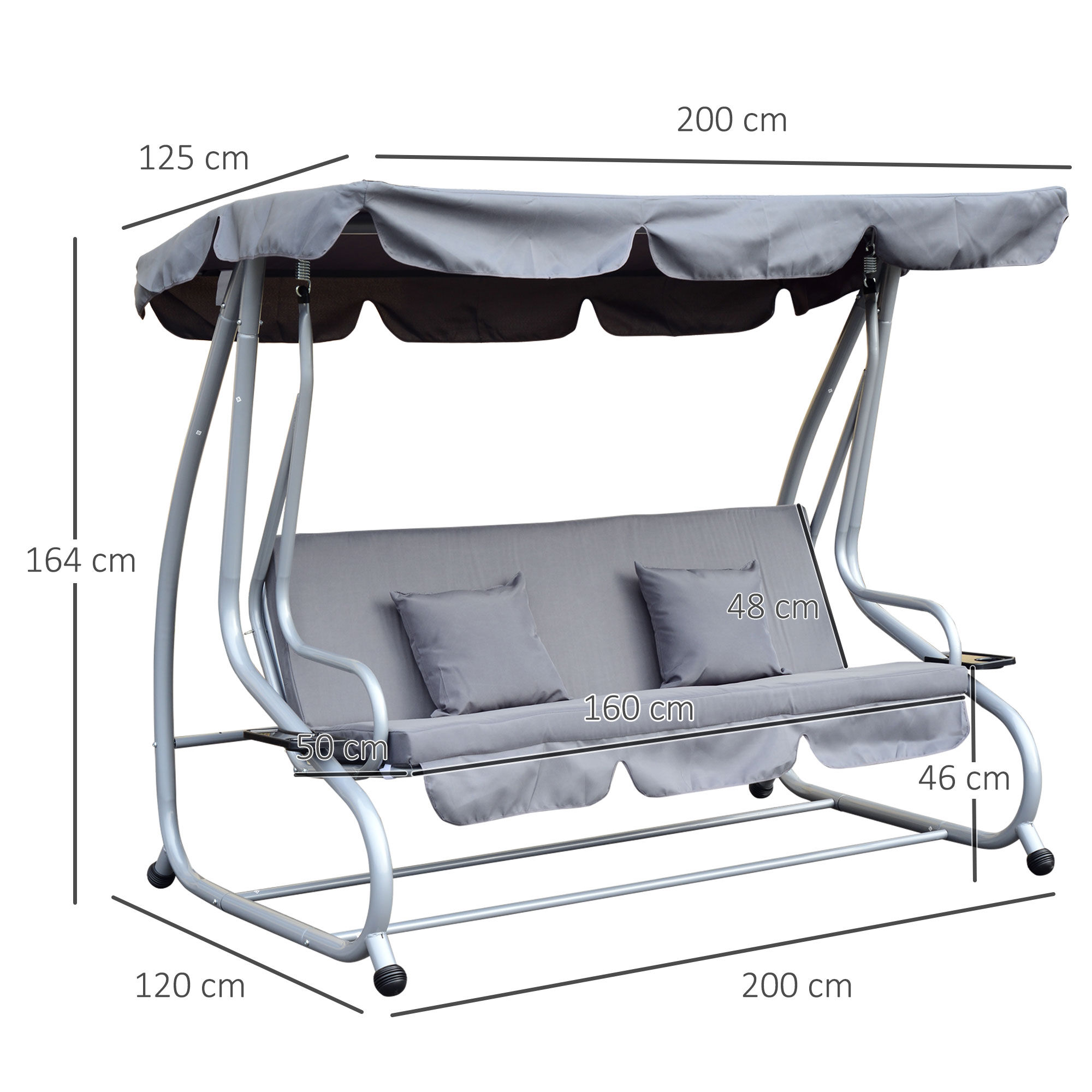 Outsunny Columpio Balanc&iacute;n Jard&iacute;n 3 Plazas Convertible en Cama Techo Parasol Regulable Bandeja para Bebida Terrza Balc&oacute;n Exterior Carga m&aacute;x. 340kg Acero 200x120x164cm Gris, , large Imagen numero 3