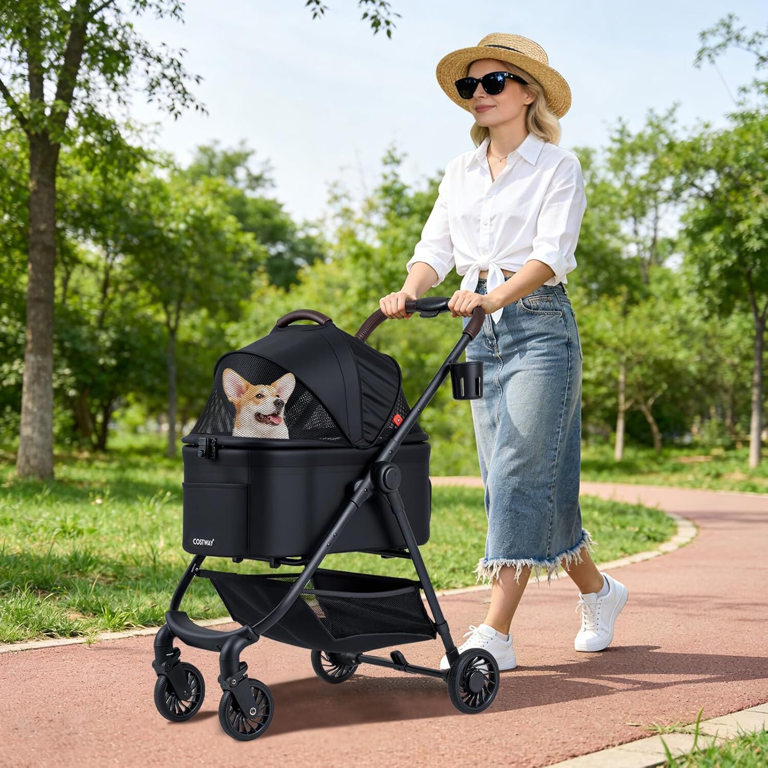 COSTWAY Carrito para Perros 3 en 1, Cochecito para Perros Plegable con Transport&iacute;n Desmontable, Toldo de Malla Ajustable, Cesta, Portavasos, Carro para Perro, Gato, Carga 15 kg, 76x53x100 cm (Negro), , large Imagen numero 2