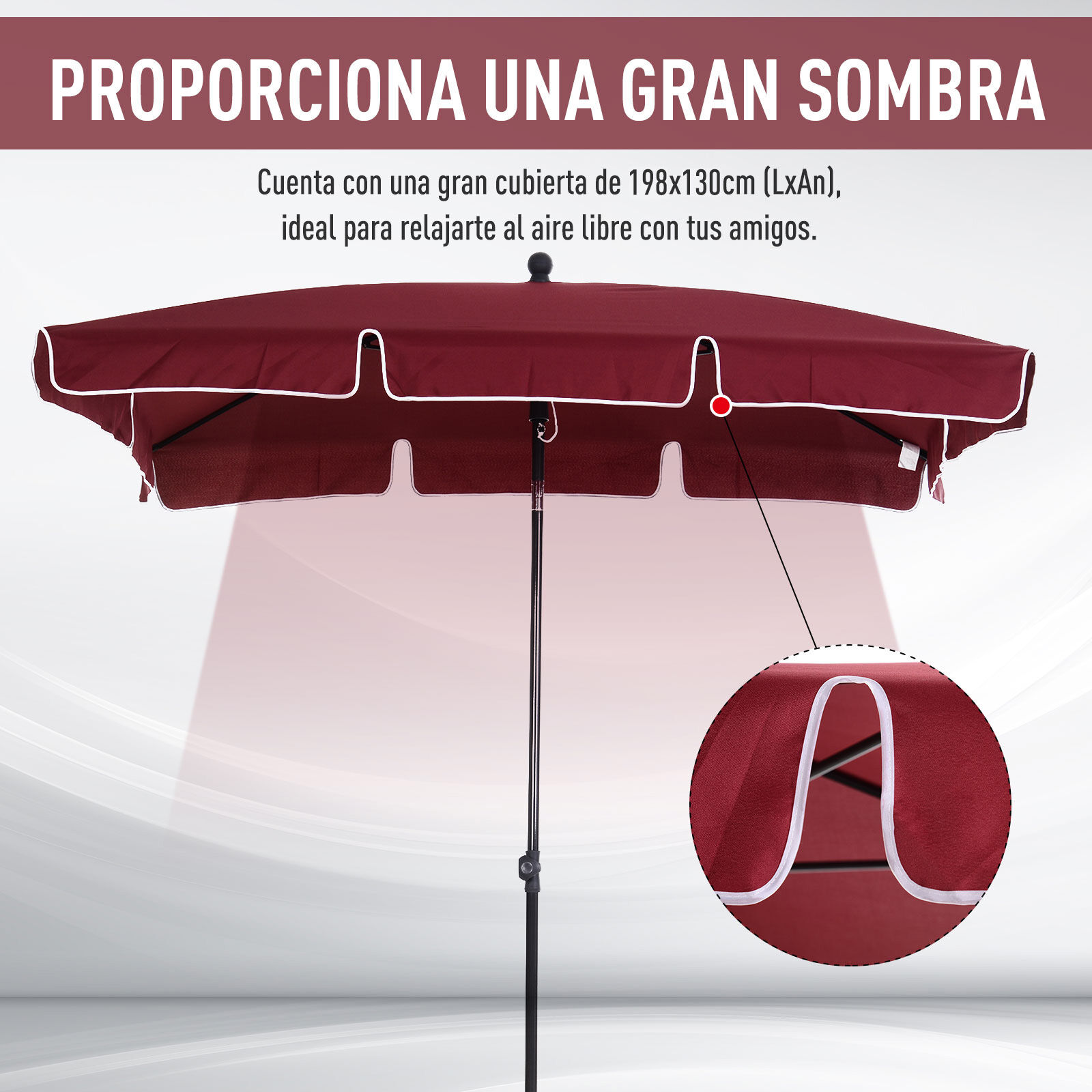 Outsunny Sombrilla de Jard&iacute;n de Aluminio 198x130x245 cm Parasol de Jard&iacute;n Rectangular con Funci&oacute;n de Inclinaci&oacute;n para Terraza Patio Exterior Rojo Vino, , large Imagen numero 4