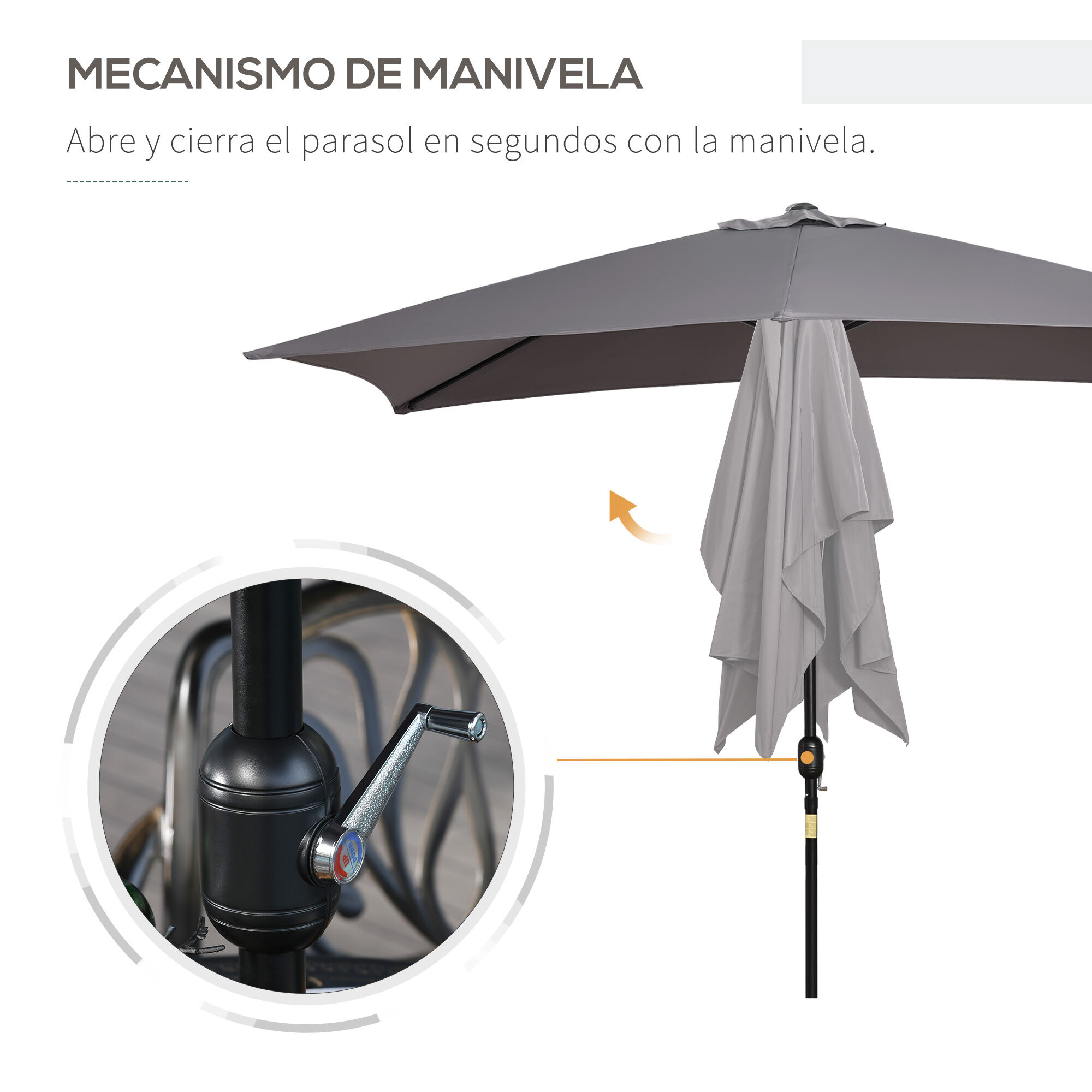 Outsunny Sombrilla de Aluminio 200x300x240 cm Parasol Rectangular de Jard&iacute;n Inclinable con Manivela y Poste Desmontable para Terraza Piscina Patio Exterior Gris, , large Imagen numero 5