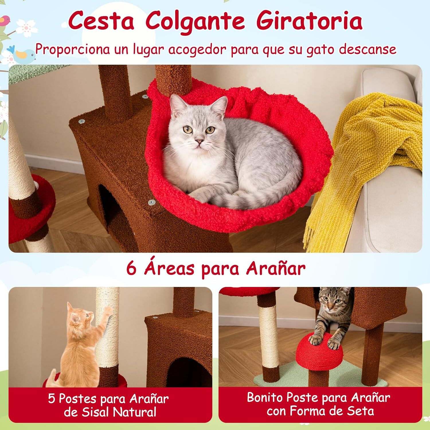 COSTWAY &Aacute;rbol Rascador para Gatos de Suelo a Techo, Torre Rascador Alta para Gatos, Ajustable de 207-277 cm, con Condo y Hamaca, Cesta Colgante, Postes para Rascar de Sisal, 2 Pelotas con Resorte, , large Imagen numero 3