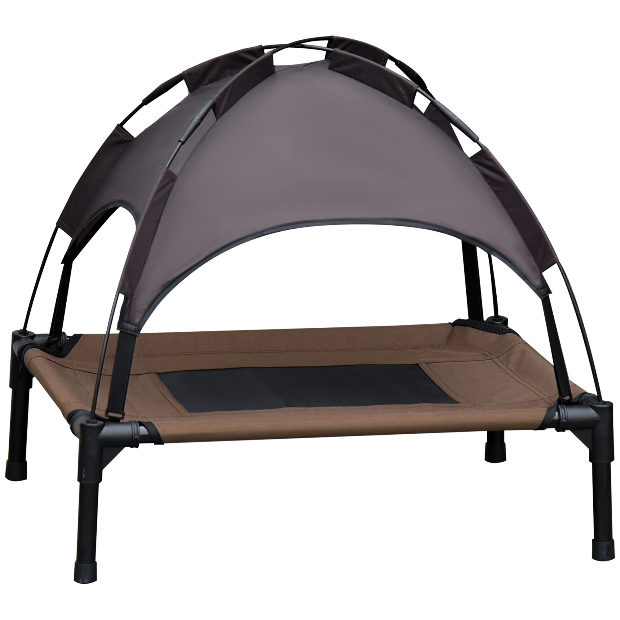 PawHut Cama Elevada para Mascotas Port&aacute;til con Toldo Extra&iacute;ble Tela Transpirable al Aire Libre para Interior y Exterior 76x61x73 cm Caf&eacute;, , large Imagen numero 1
