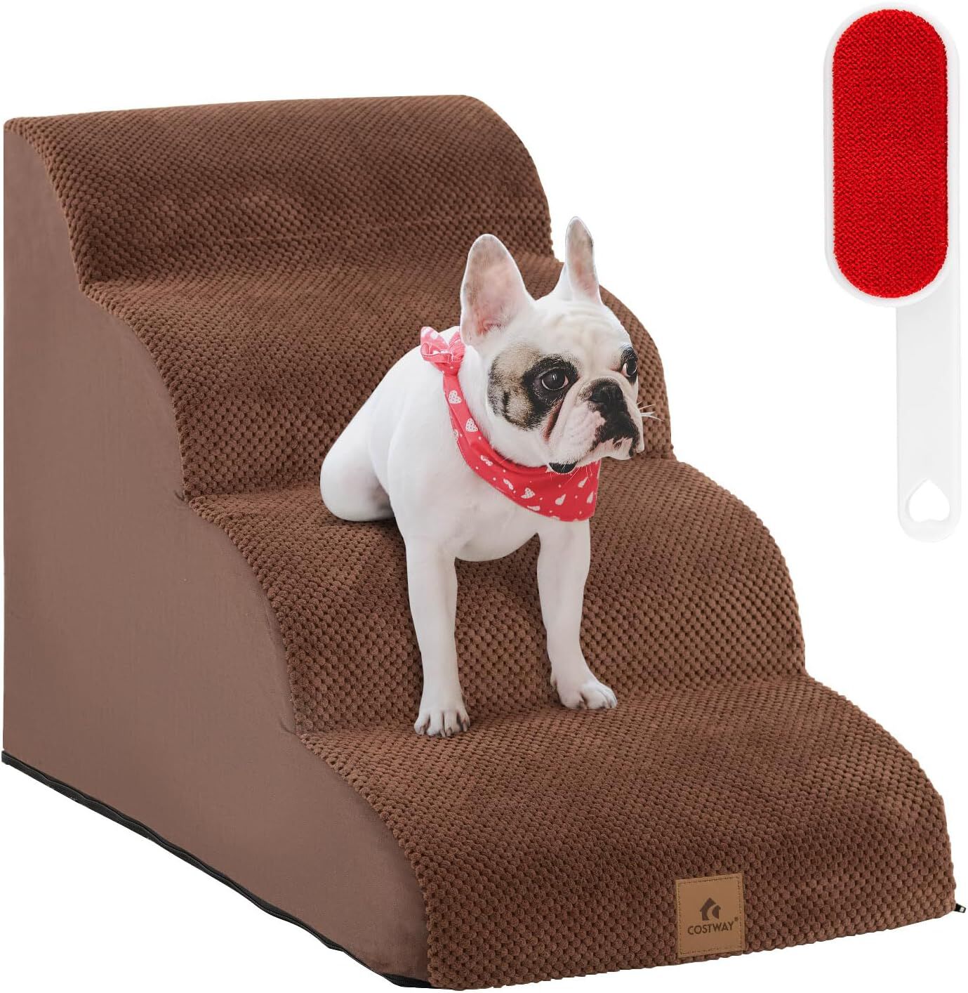 COSTWAY Rampa para Perros de Espuma de 4 Niveles, Escalera para Mascotas con Funda Lavable, Escala para Perros con Huellas de Silicona Pelda&ntilde;os Antideslizantes para Sof&aacute;s Altos (marr&oacute;n 4 escaleras), , large Imagen numero 1