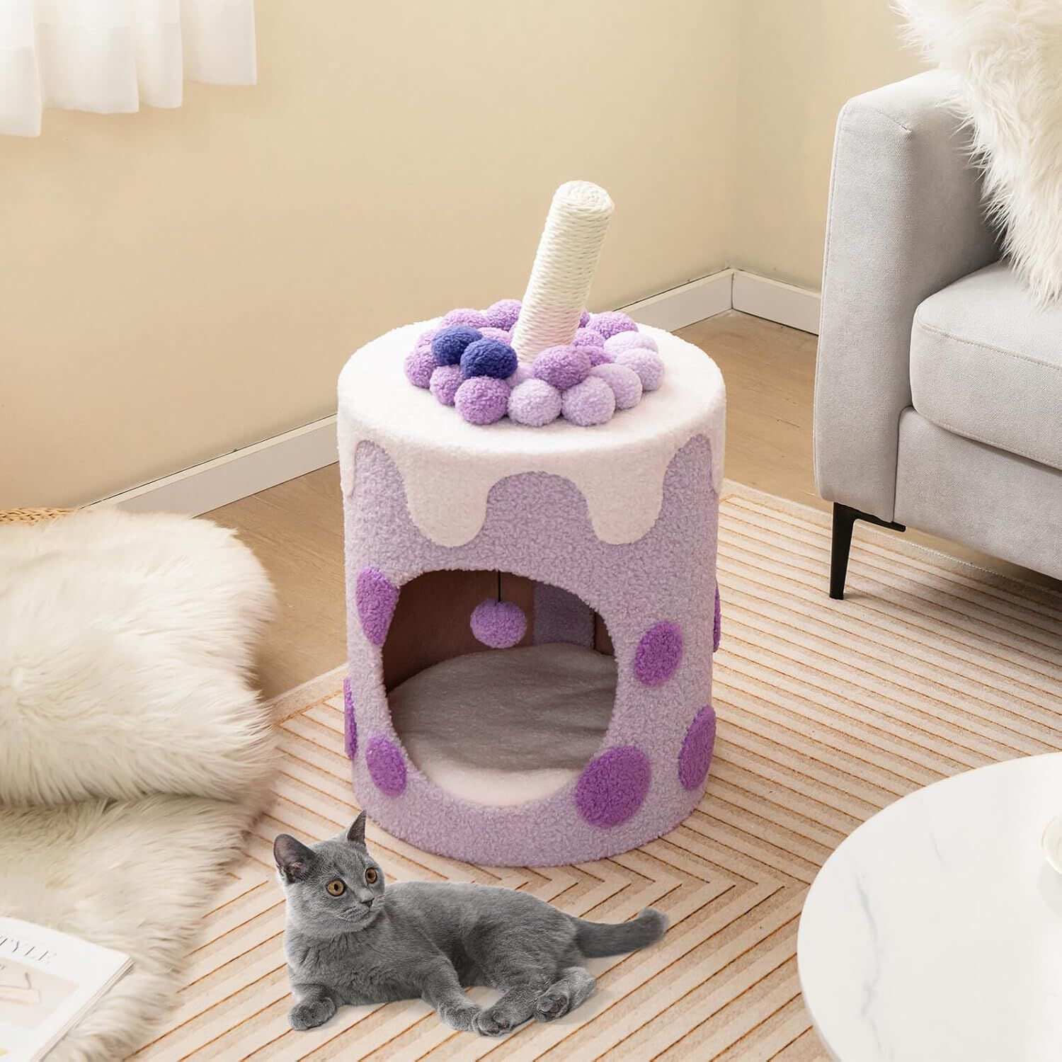 COSTWAY Torre de &Aacute;rbol para Gatos en Forma de T&eacute; de Burbujas, Condominio para Gatos, Cueva para Gatos con Rascador de Sisal y Bola Colgante (Morado y Blanco), , large Imagen numero 2