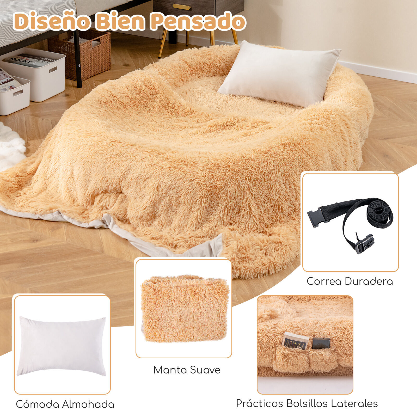 COSTWAY Cama para Mascotas y Personas Adultos, Cama Perro para Siesta Lavable y Esponjosa de Piel, con Manta Suave, Almohada Regordeta, para Personas, Mascotas, 171 x 115 x 25 cm Marr&oacute;n, , large Imagen numero 3