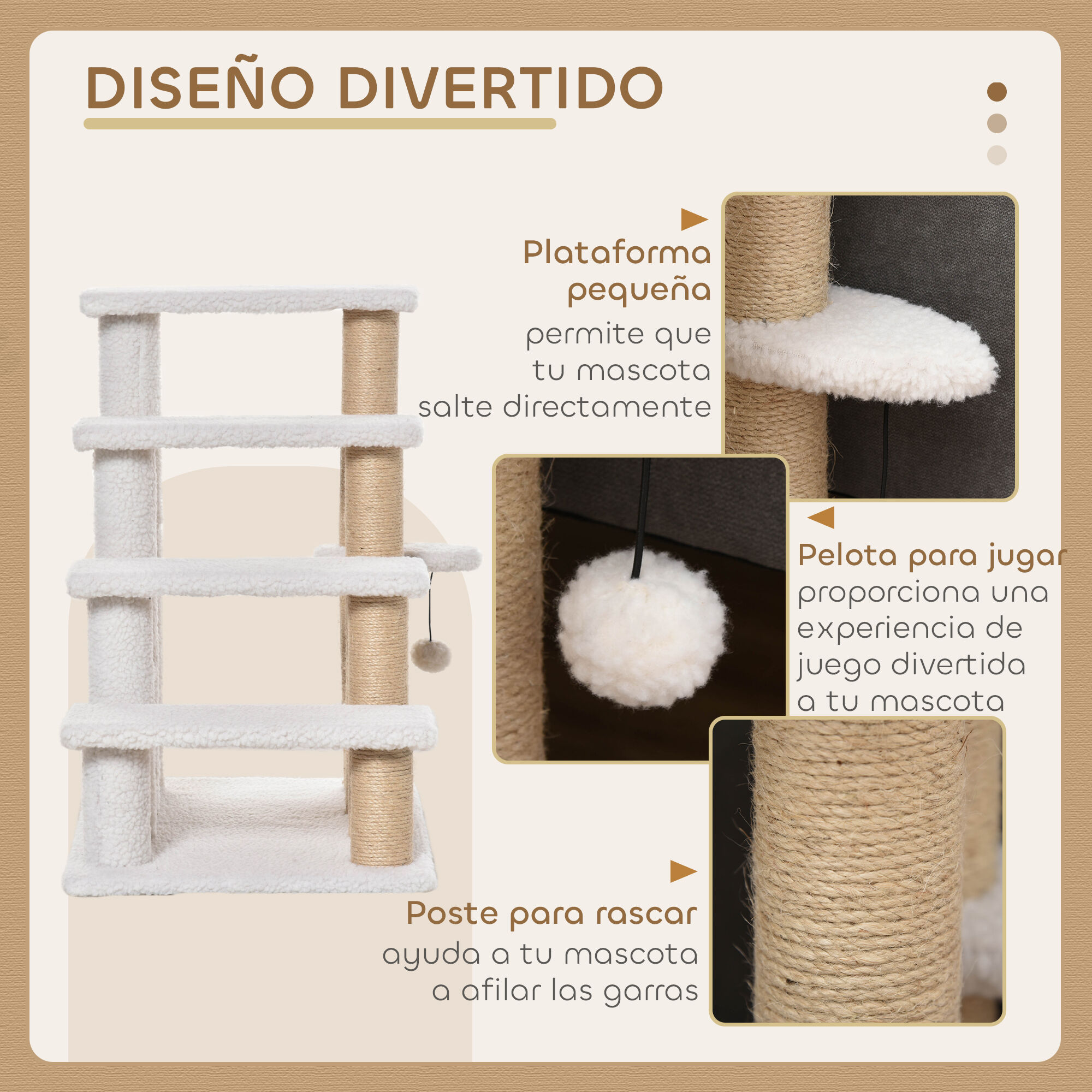 PawHut Escalera para Gatos de 4 Niveles, Escalera para Mascotas, Cubierto de Suave Felpa, Poste de Yute, Bola Colgante, &Aacute;rbol Rascador para Gatos, 60x40x64 cm, Blanco, , large Imagen numero 5