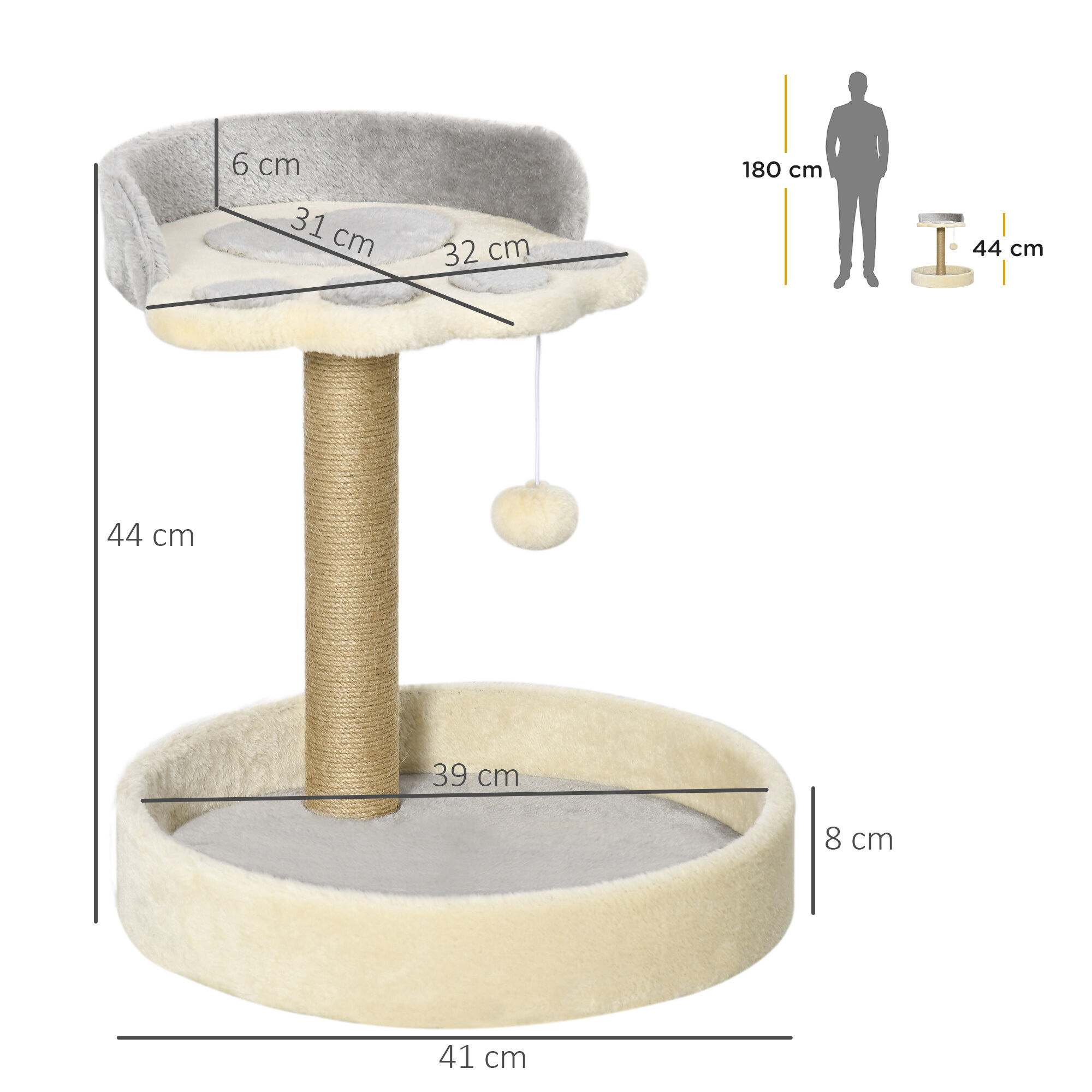 PawHut &Aacute;rbol Rascador para Gatos, &Aacute;rbol para Gatos, Altura 44 cm, Torre de Escalada con 2 Camas, Poste de Yute, Juguete Colgante, Gris Claro, , large Imagen numero 3