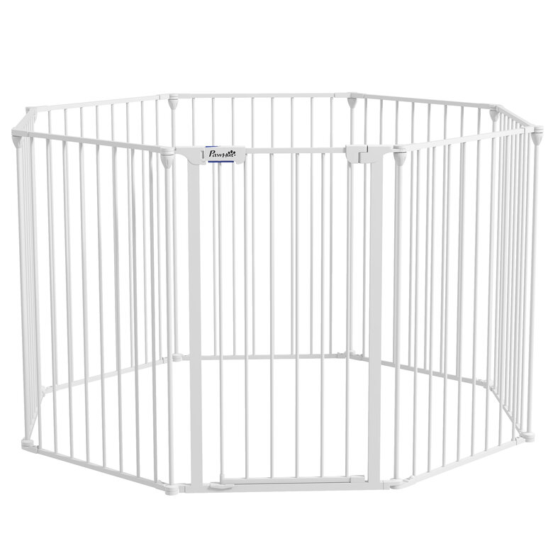 PawHut Parque para Perros de 8 Paneles 64x90 cm Corralito para Mascotas Plegable de Acero con Doble Cerradura Función de Bloqueo Auxiliar y Forma de Bricolaje para Pasillos Escaleras Blanco