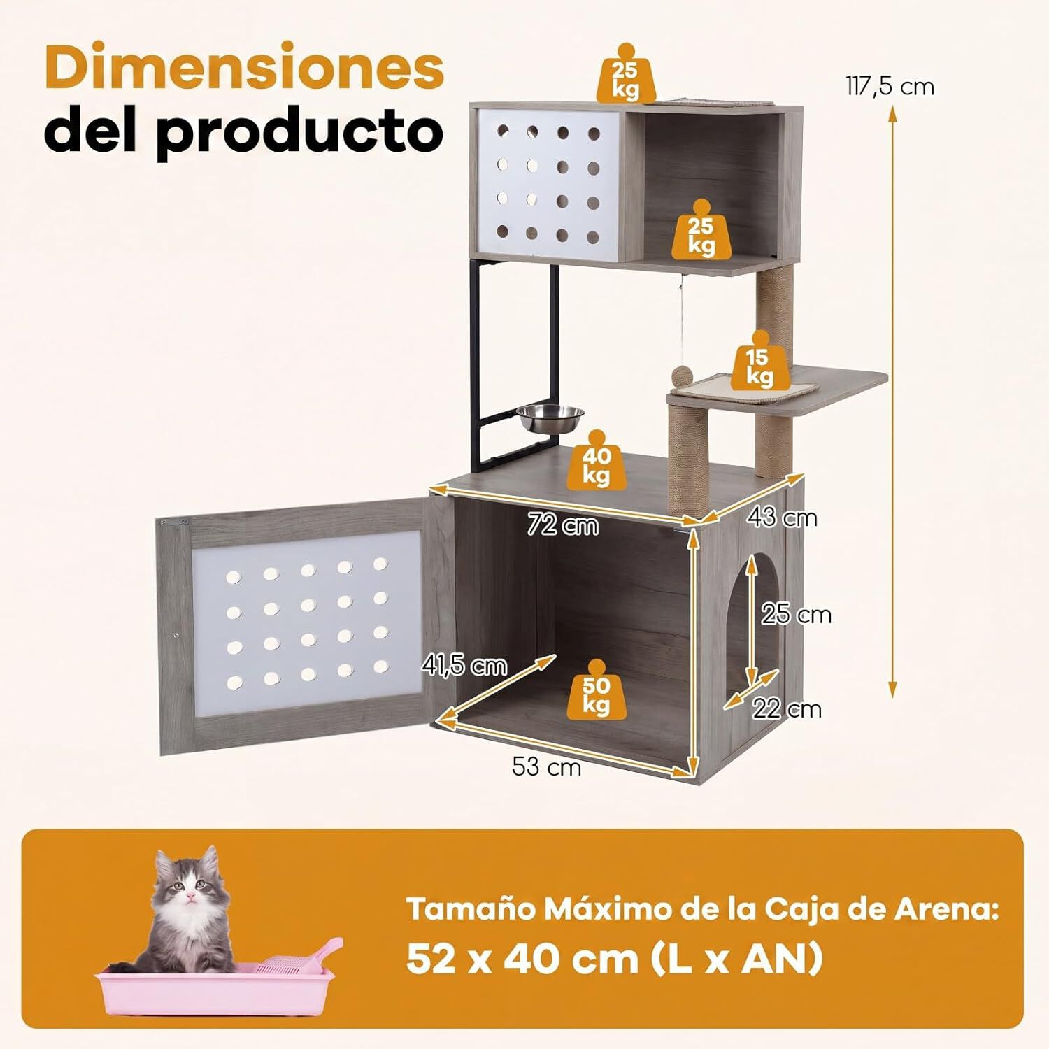 COSTWAY &Aacute;rbol Rascador para Gatos, Torre para Gatos de de M&uacute;ltiples Niveles con Postes Rascadores de Sisal, Condo, Zona de Alimentaci&oacute;n y Bola Colgante y Recinto para Caja de Arena, 117,5 cm (Gris), , large Imagen numero 5