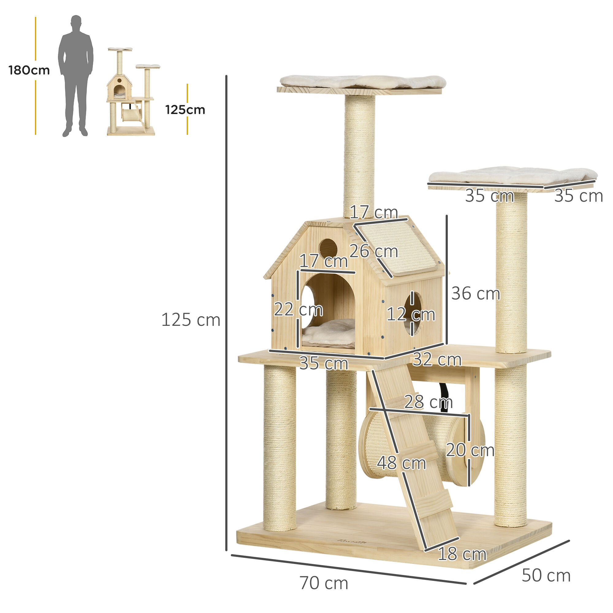 PawHut &Aacute;rbol Rascador para Gatos de Madera Altura 125 cm Torre para Gatos con Camas Coj&iacute;n Lavable Cueva Rodillo Postes de Sisal y Rampa 70x50x125 cm Natural, , large Imagen numero 3
