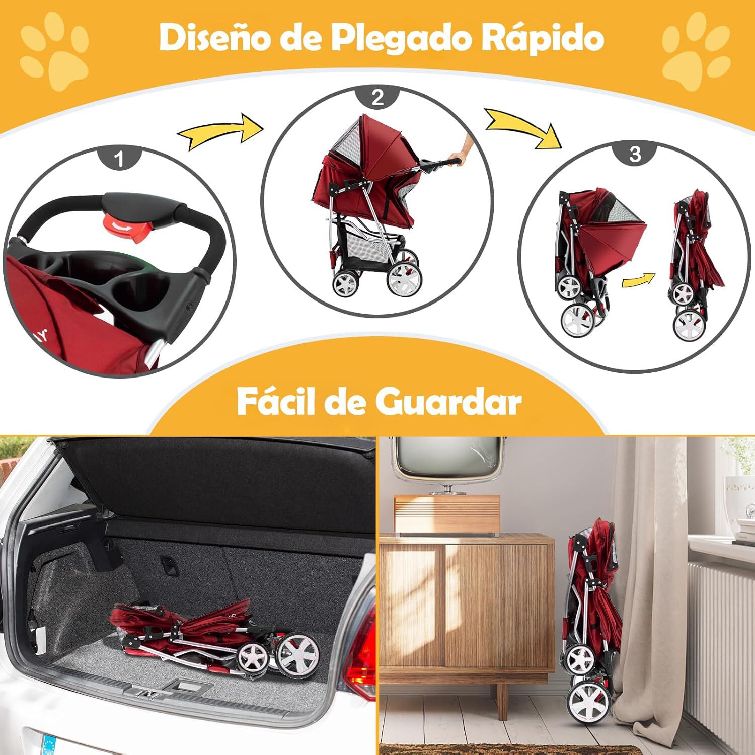 COSTWAY Cochecito para Mascotas Plegable, Cochecito de Mascotas de 4 Ruedas para Gatos/Perros, Carrito para Gatos con Cesta de Almacenamiento para Mascotas, Ventana de Malla, impermeable (Rojo), , large Imagen numero 3