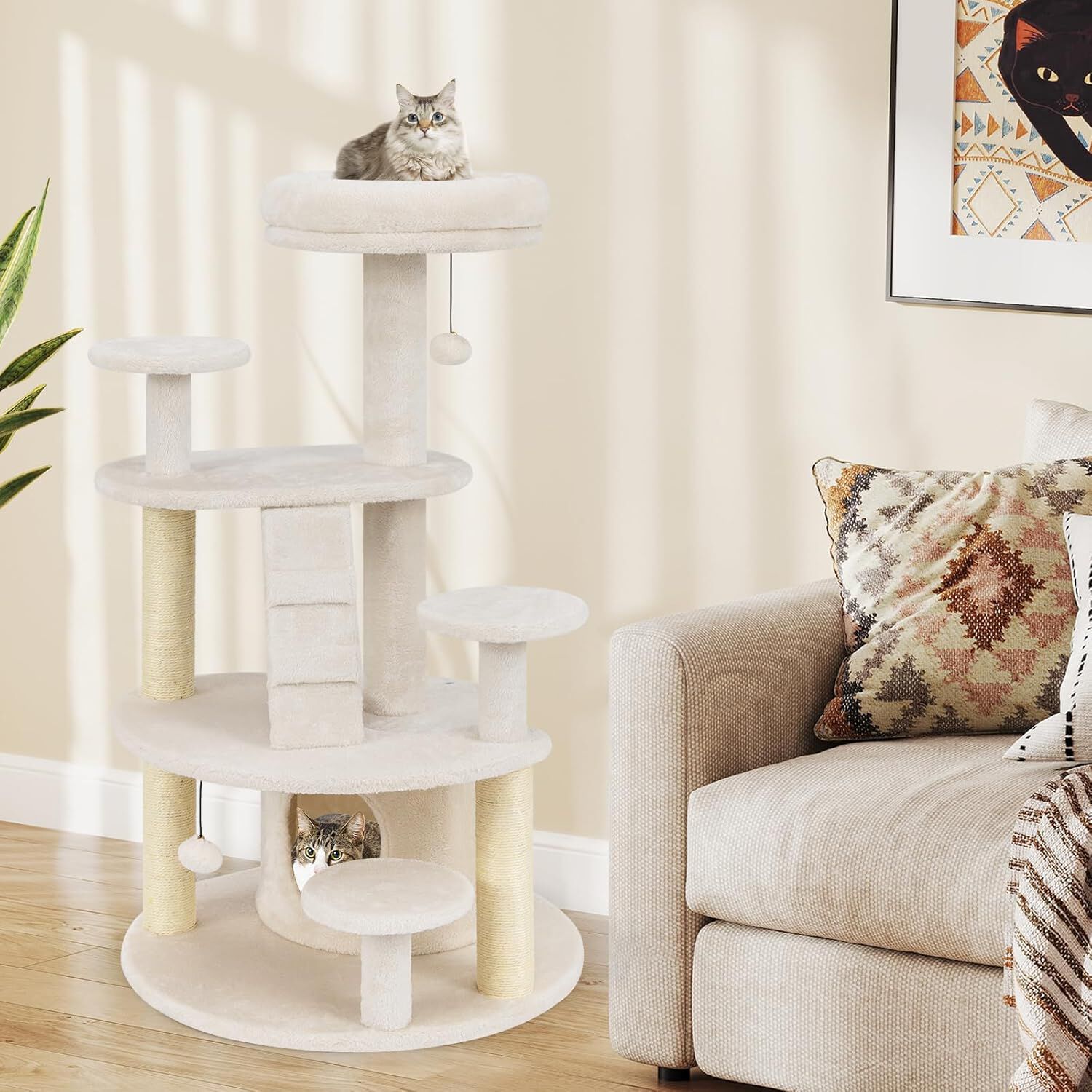 COSTWAY Árbol para Gatos, Torre para Gatos con Condominio y Percha Acolchada, Postes de Sisal para Rascar, Bola Colgante con Campana, Plataformas de Salto, Escalera, Base Ancha Estable (Blanco) thumbnail