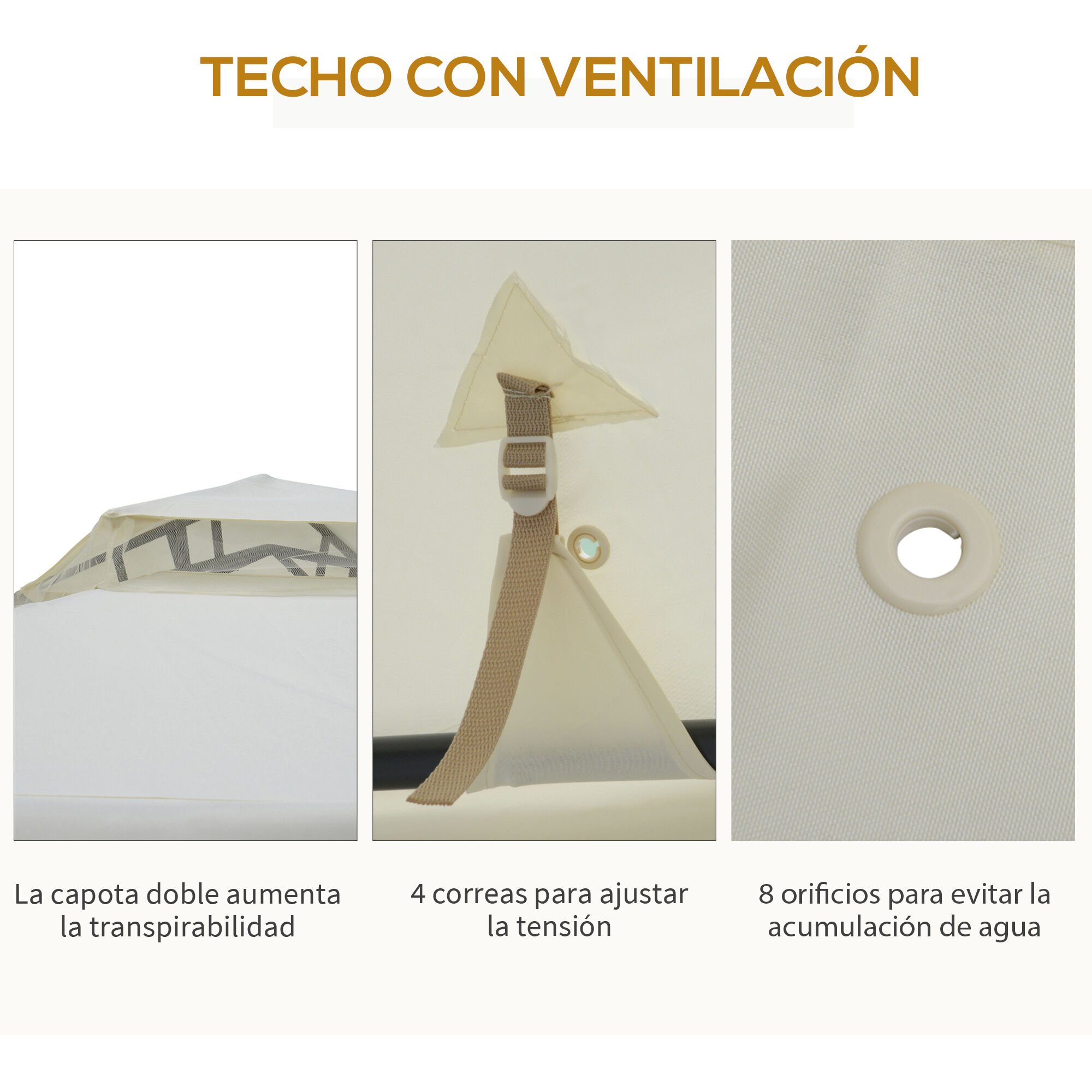Outsunny Cenador de Jard&iacute;n 3x3 m Pabell&oacute;n de Exterior con Doble Techo de Ventilaci&oacute;n 4 Cortinas Mosquiteras Laterales con Cremallera 8 Orificios de Drenaje Gazebo para Fiestas Patio Crema, , large Imagen numero 5