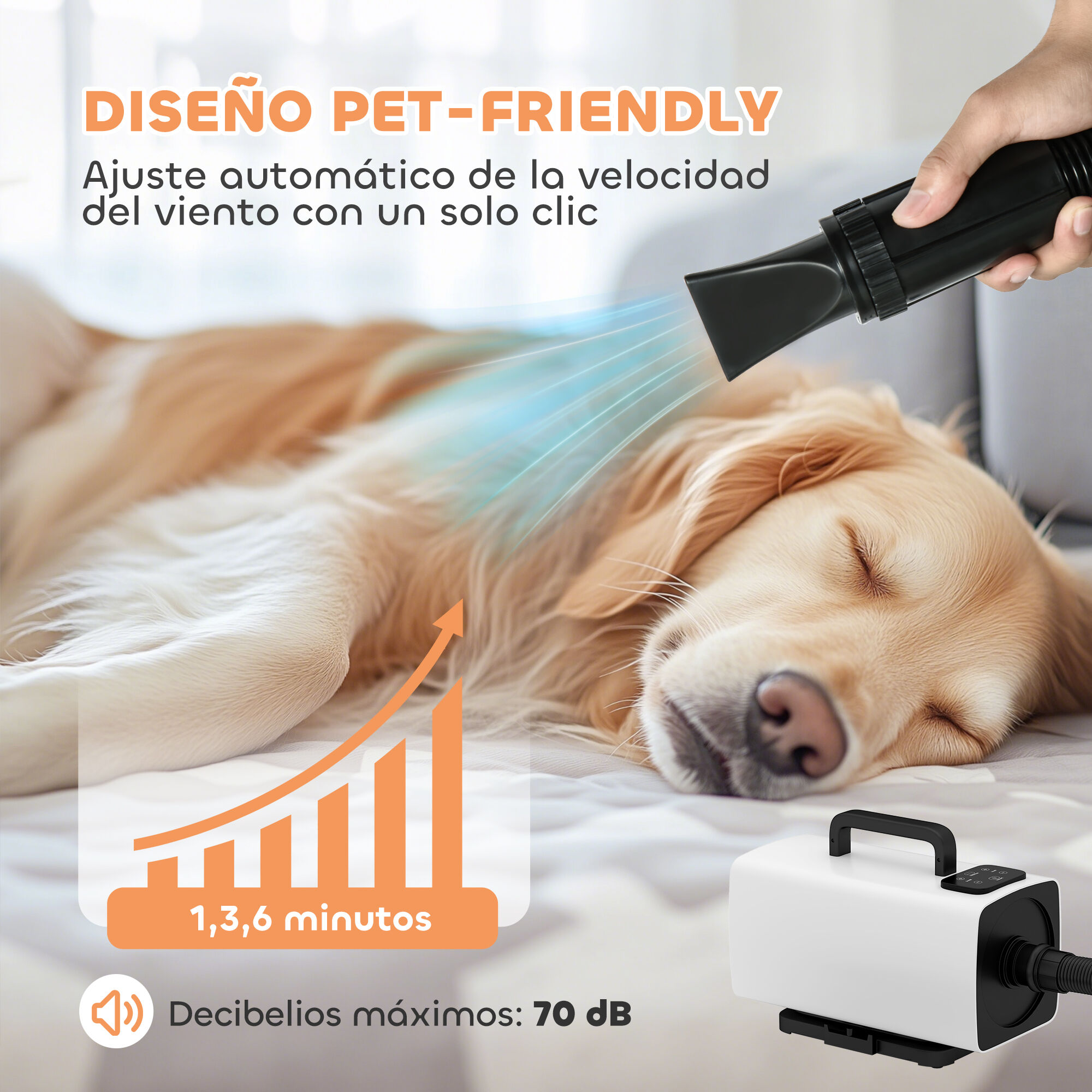 PawHut Secador de Perros Secador de Pelo para Perros 2200 W Velocidad y Temperatura Ajustables 3 Boquillas Pantalla Digital para Aseo Ducharse Secarse Blanco, , large Imagen numero 5