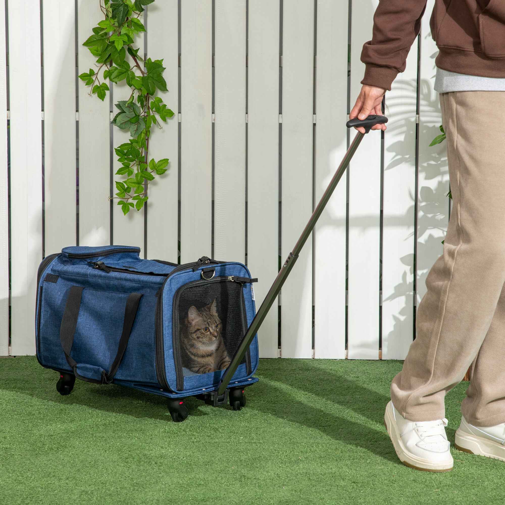 PawHut 4 en 1 Transportadora para Mascotas con Ruedas Carrito para Mascotas Bolsa de Transporte para Perros Gatos con Asa Telesc&oacute;pica de Aluminio 50x31x37 cm Azul, , large Imagen numero 2