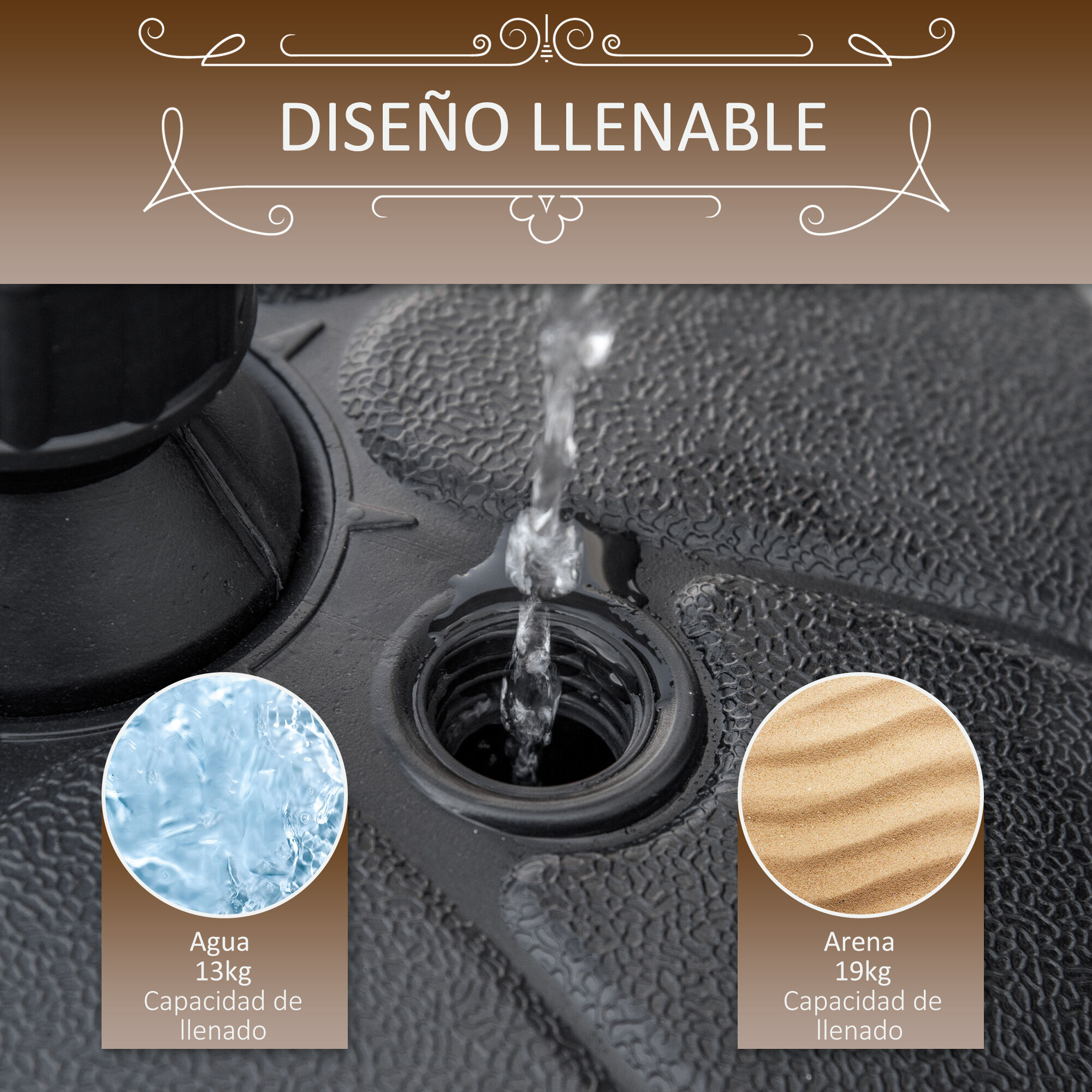 Outsunny Base de Sombrilla Rellenable de Agua 13 kg o Arena 19 kg Soporte de Parasol Redondo Apto Postes de &Oslash;32-38 mm para Jard&iacute;n Patio Terraza &Oslash;38x21,5 cm Negro, , large Imagen numero 5