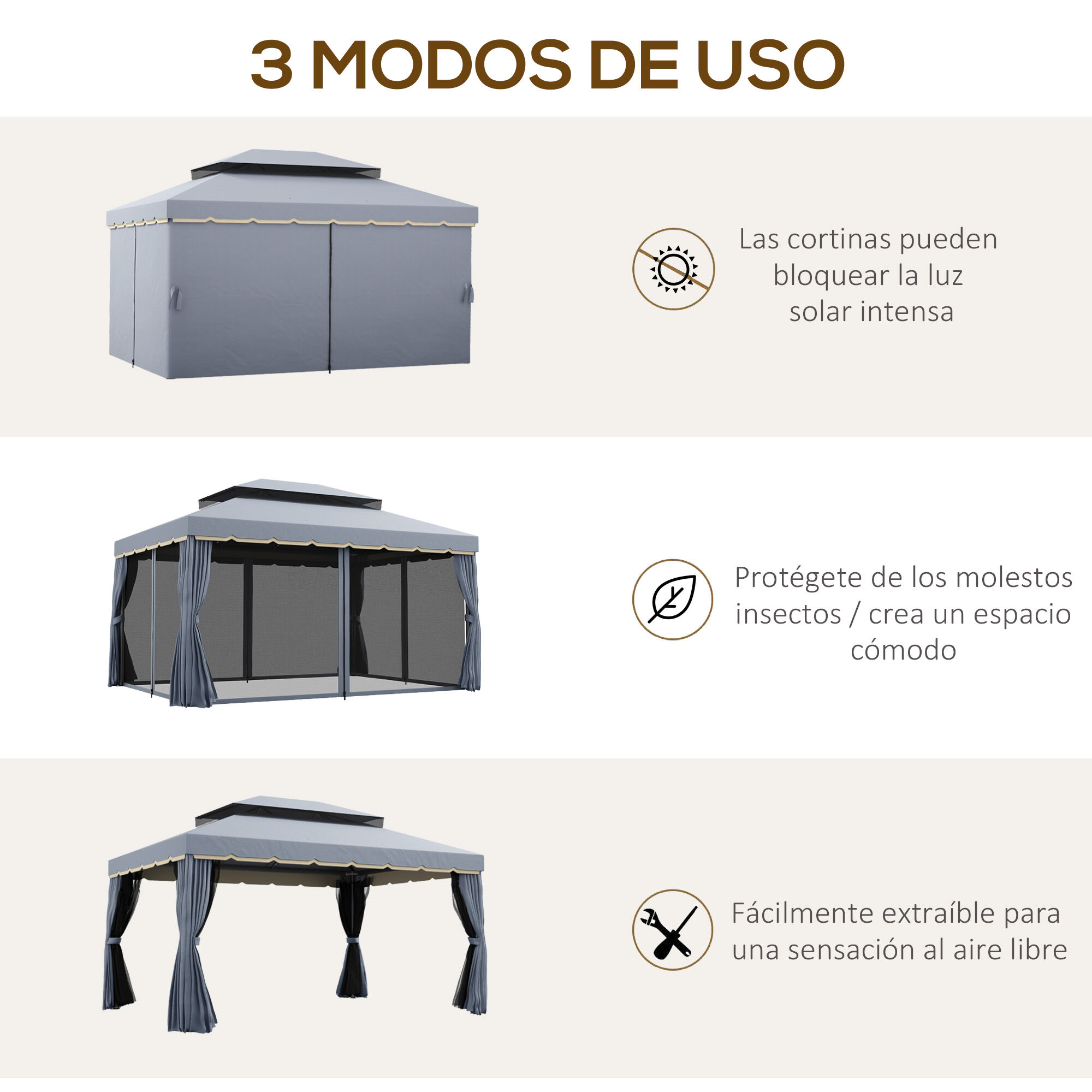 Outsunny Conjunto de Cenador Incluye 1 Cenador de Jard&iacute;n 4x3 m con 4 Cortinas Laterales 4 Mosquiteras y 1 Techo de Repuesto 4x3 m para Fiestas Eventos Exterior Gris y Beige, , large Imagen numero 4
