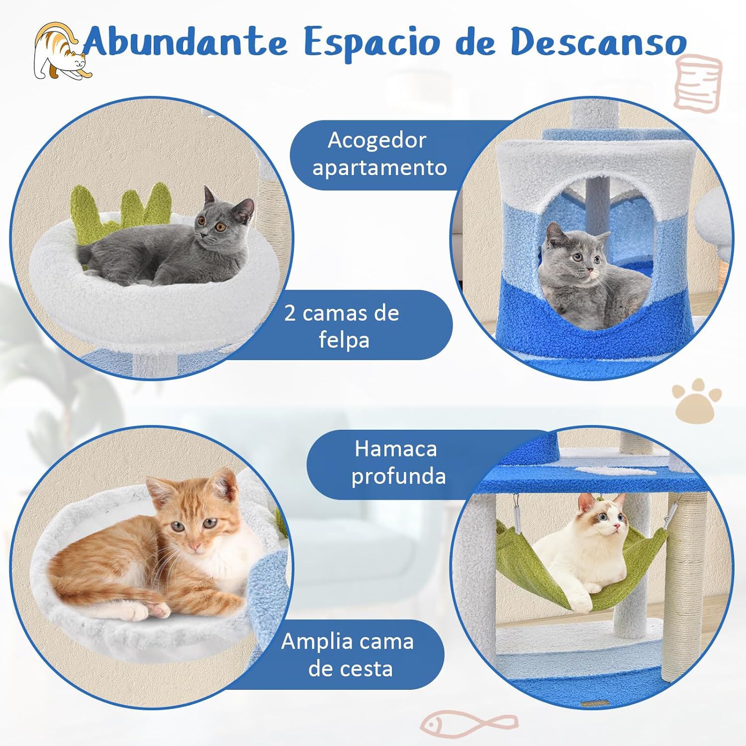 COSTWAY &Aacute;rbol para Gatos con Tem&aacute;tica Oce&aacute;nica, Torre para Gatos de Varios Niveles con Rascadores Cubiertos de Sisal, Condominio, Percha, Hamaca, Plataformas de Salto, Juguetes Interactivos Colgantes, , large Imagen numero 2