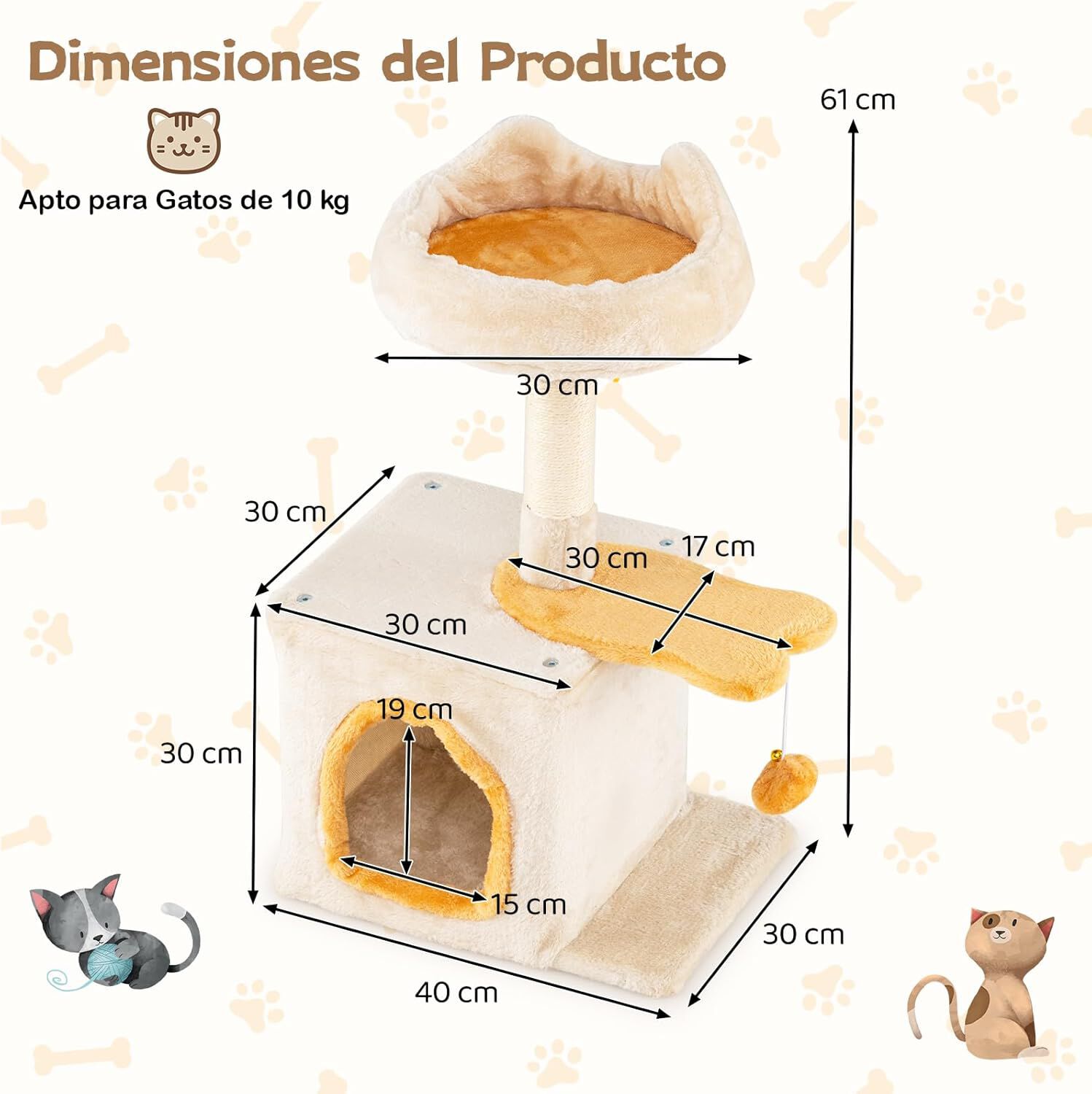 COSTWAY 61cm &Aacute;rbol Rascador para Gatos, Torre Rascador para Gatitos con Percha de Peluche, Condominio, Cama, Poste Rascado de Sisal, Bola Colgante, Casa para Gatos Interior, Ahorra Espacio, Amarillo, , large Imagen numero 5