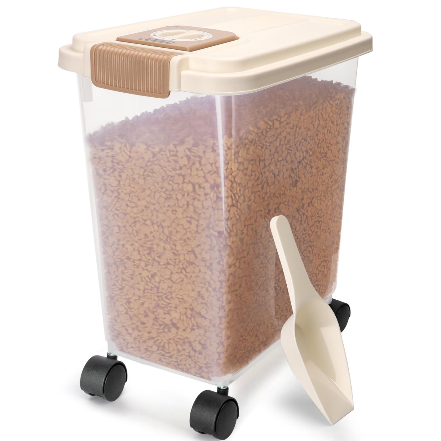 Nobleza Contenedor de Pienso para Mascotas 40L, con Ruedas, Tapa Abatible, Cuchara y Marcador de Fecha, Caja Hermética Transparente para Perros y Gatos