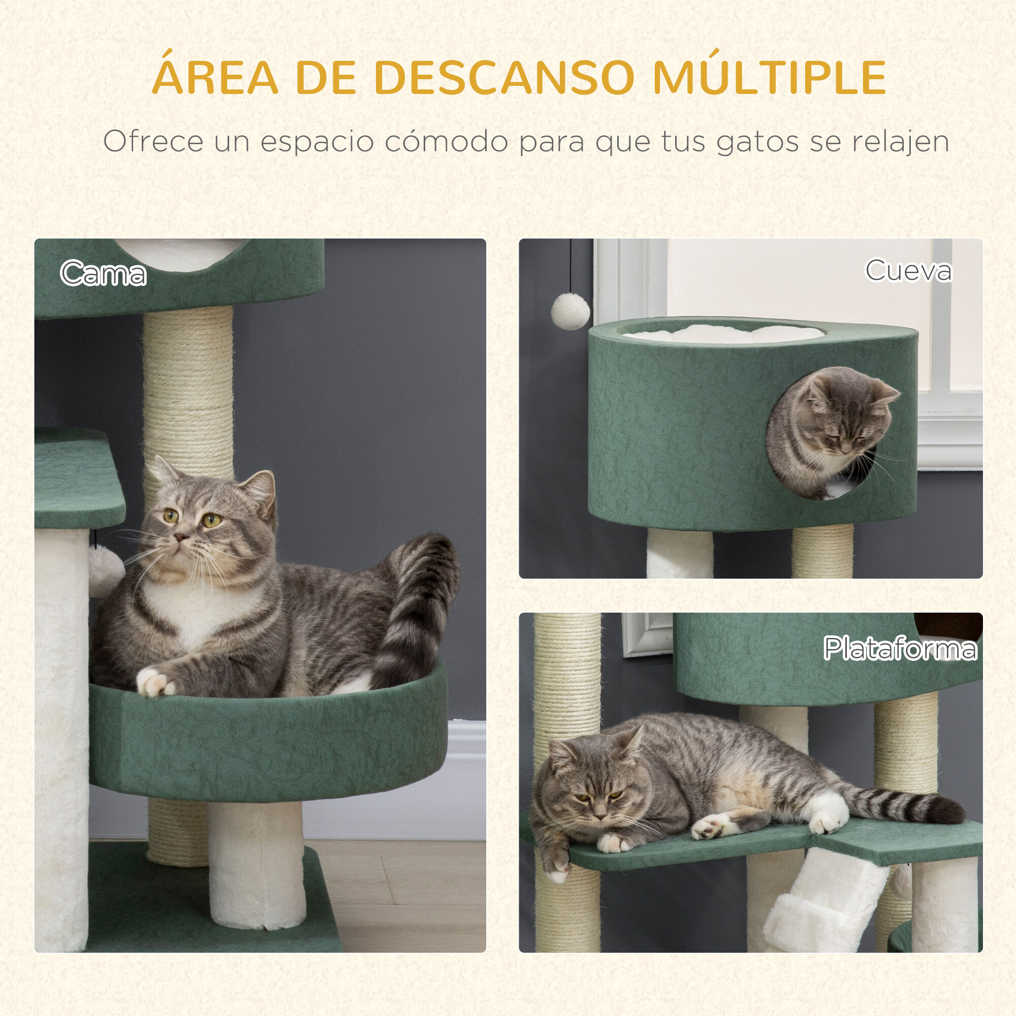 PawHut &Aacute;rbol Rascador para Gatos Altura 114 cm Torre para Gatos con 2 Camas Cueva Hamaca Plataforma Escalera Bolas Colgantes y Postes de Sisal 70x50x114 cm Verde, , large Imagen numero 4