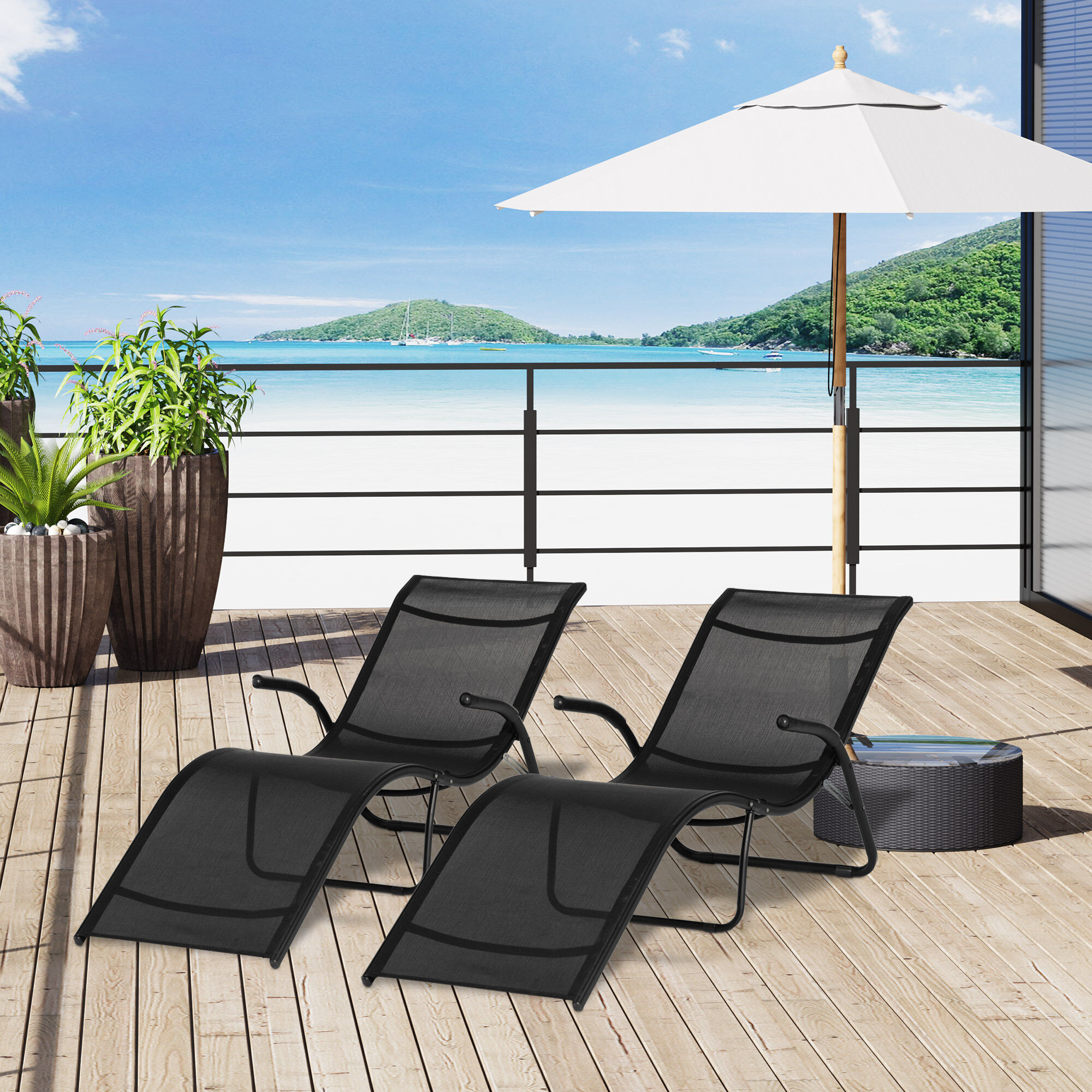 Outsunny Conjunto de 2 Tumbonas Plegables Tumbonas de Jard&iacute;n con Reposabrazos Reposapi&eacute;s y Respaldo Carga 160 kg para Terraza Playa Camping Exterior 170x62x68 cm Negro, , large Imagen numero 2