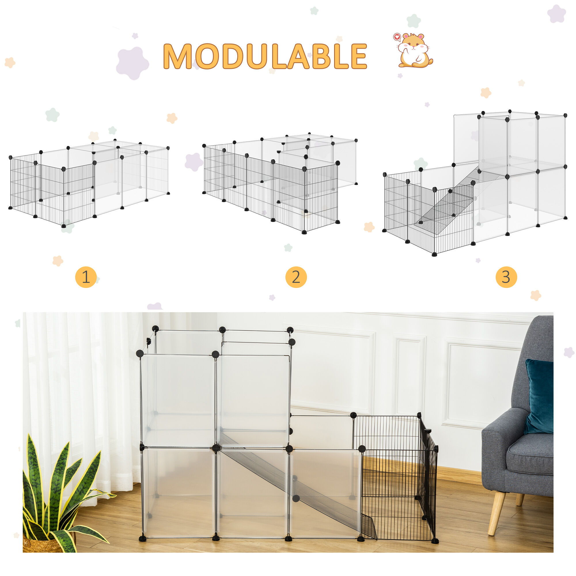 PawHut Jaula para Animales Peque&ntilde;os Parque para Mascotas con 27 Paneles y Forma Personalizable para Cobayas Conejos Chinchillas 140x70x90 cm Transparente, , large Imagen numero 4