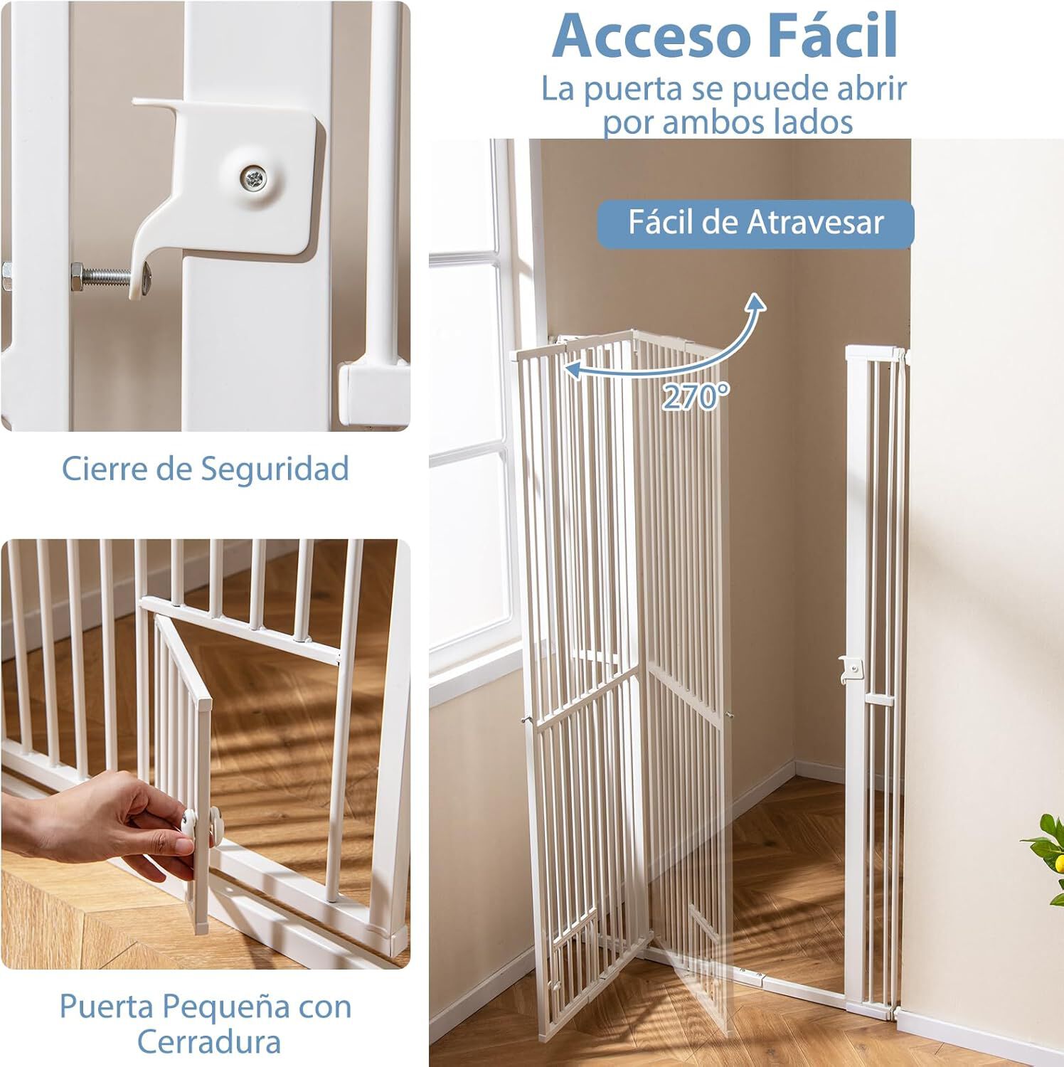 COSTWAY Puerta para Mascotas de Metal, Barrera Ajustable con 2 Extensiones y Puerta Peque&ntilde;a, Ideal para Cocina y Escaleras, 77-104 cm de Ancho, Blanco (Altura de 171cm), , large Imagen numero 4