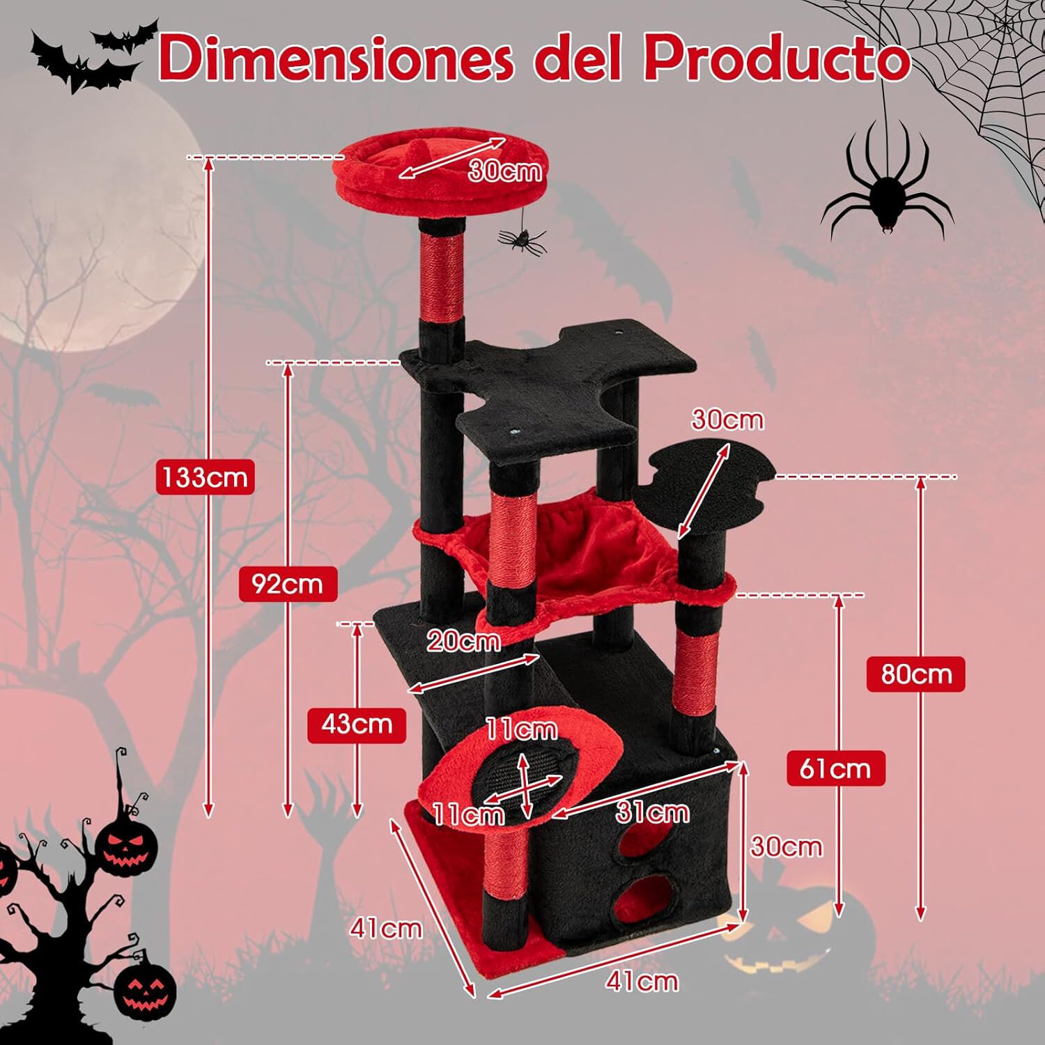 COSTWAY Rascador para Gatos G&oacute;tico de 133 cm, &Aacute;rbol para Gatos con Percha de Felpa, Juguete Colgante de Ara&ntilde;a, Tablero de Rascado, Hamaca, Plataformas Espeluznantes, Mueble Multinivel para Gatos, , large Imagen numero 2