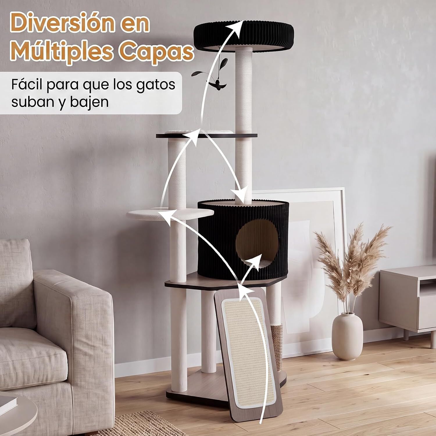 COSTWAY 155 cm &Aacute;rbol Rascador para Gatos con Postes Rascadores y Rampa | Torre de Juegos Multinivel con Casita, Percha Mullida, Plataformas y Juguete Colgante, Centro de Actividades para Gatitos, , large Imagen numero 3