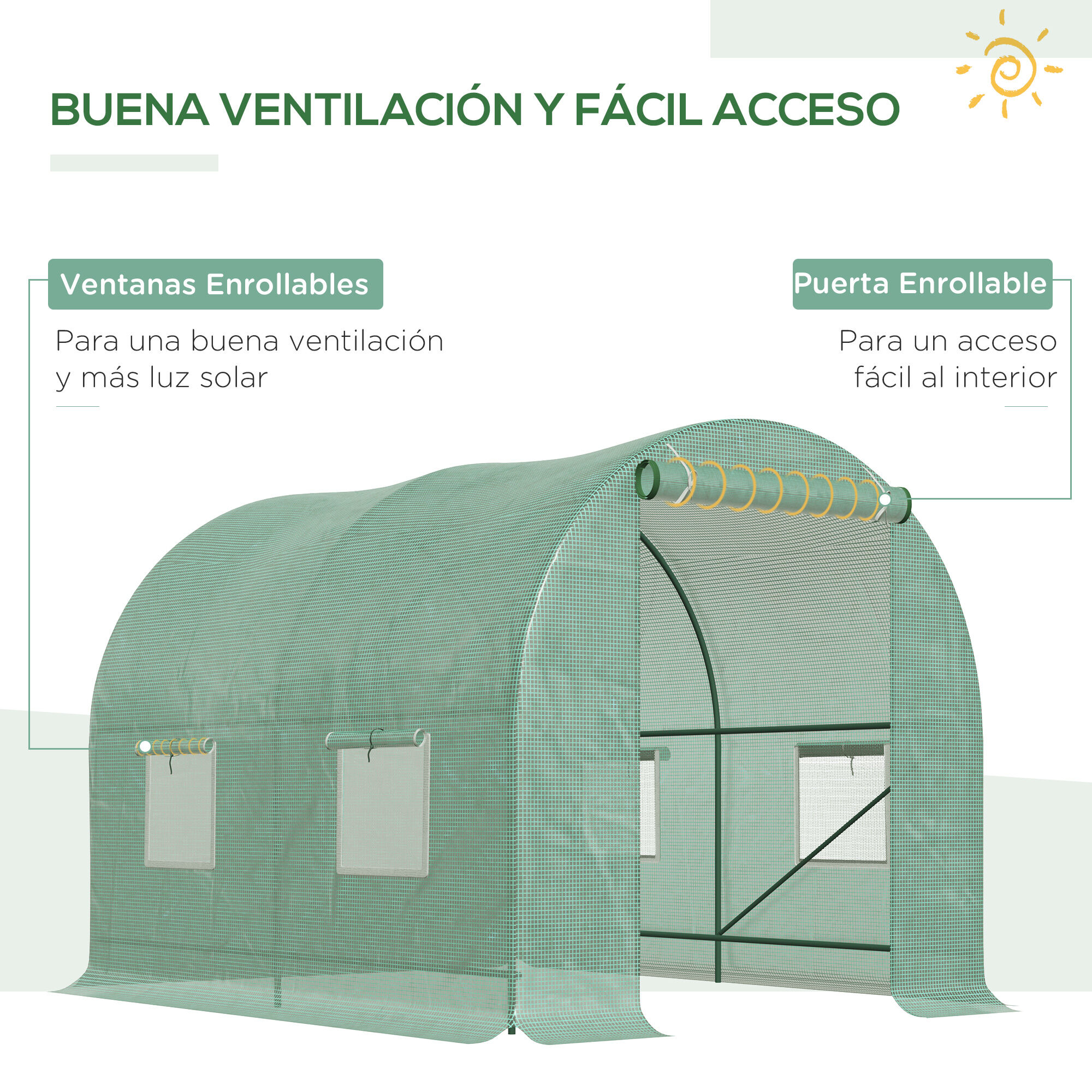 Outsunny Cubierta de Invernadero de T&uacute;nel 250x200x200 cm Cubierta de Repuesto Invernadero Polietileno con 4 Ventanas y Puerta Enrollable Protecci&oacute;n de Plantas para Jard&iacute;n Verde, , large Imagen numero 4
