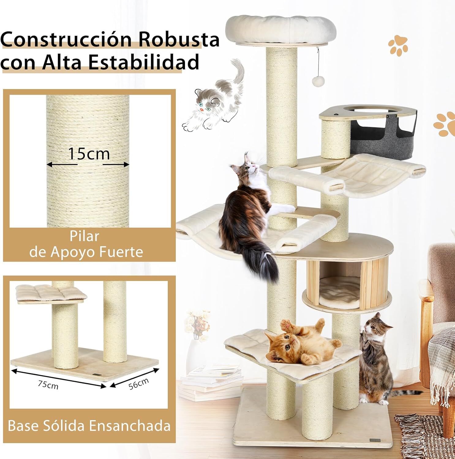 COSTWAY Árbol de Múltiples Niveles con Condominio de Madera y Hamacas para gatos thumbnail