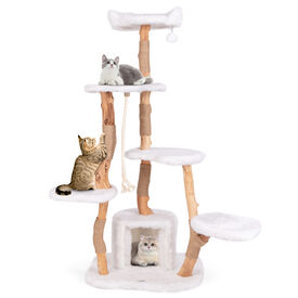 COSTWAY Árbol para Gatos de Madera Sólida de 168 CM, Torre de Gato Moderna con Perchero, Condominio, Postes de Jute Rasguñador, Bola Colgante, Centro de Actividades de 6 Capas, Mueble para Gatos de Interior
