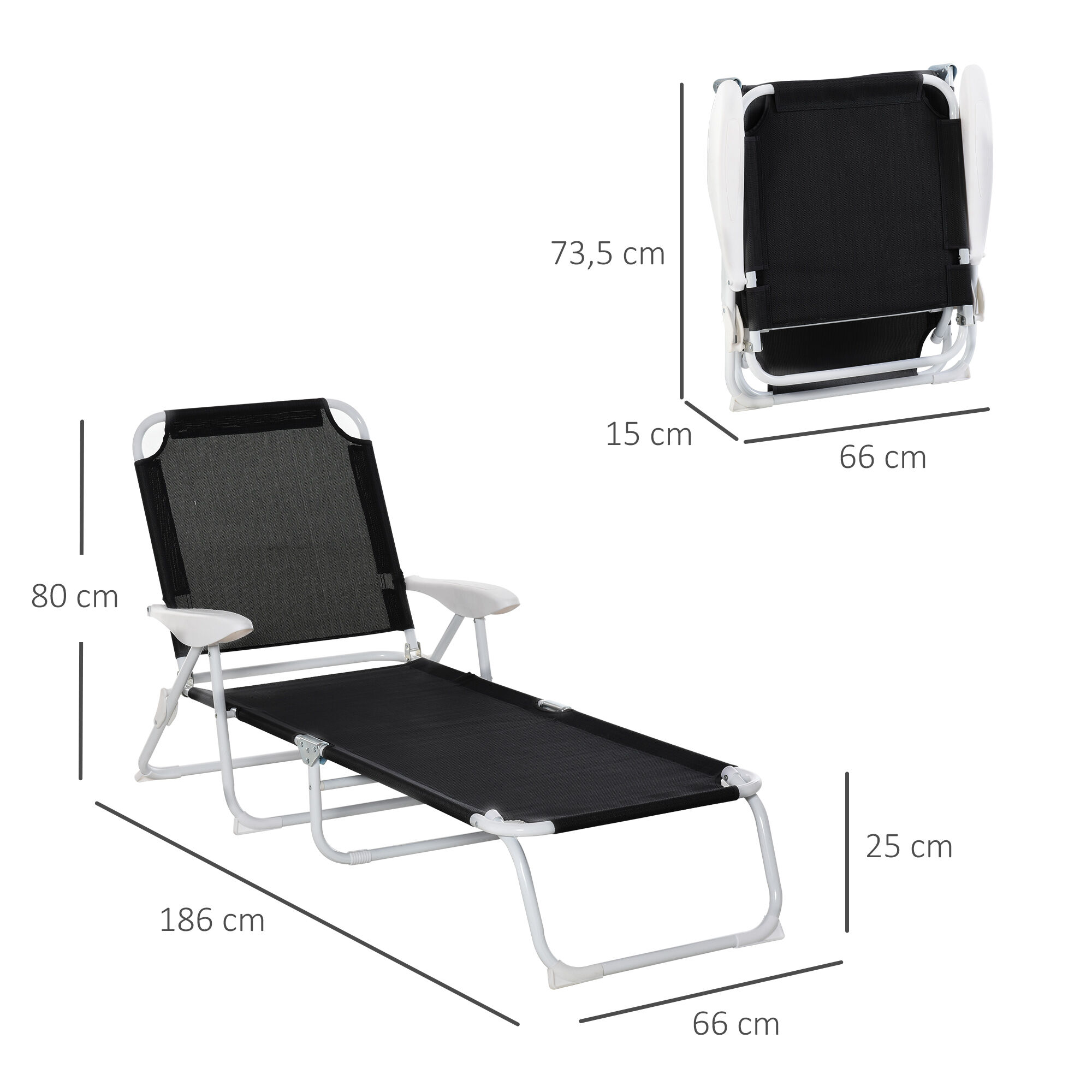 Outsunny Tumbona Reclinable y Plegable de Jard&iacute;n con Respaldo Ajustable en 4 Posiciones Marco de Metal TextelineTranspirable 186x66x80 cm Negro, , large Imagen numero 3