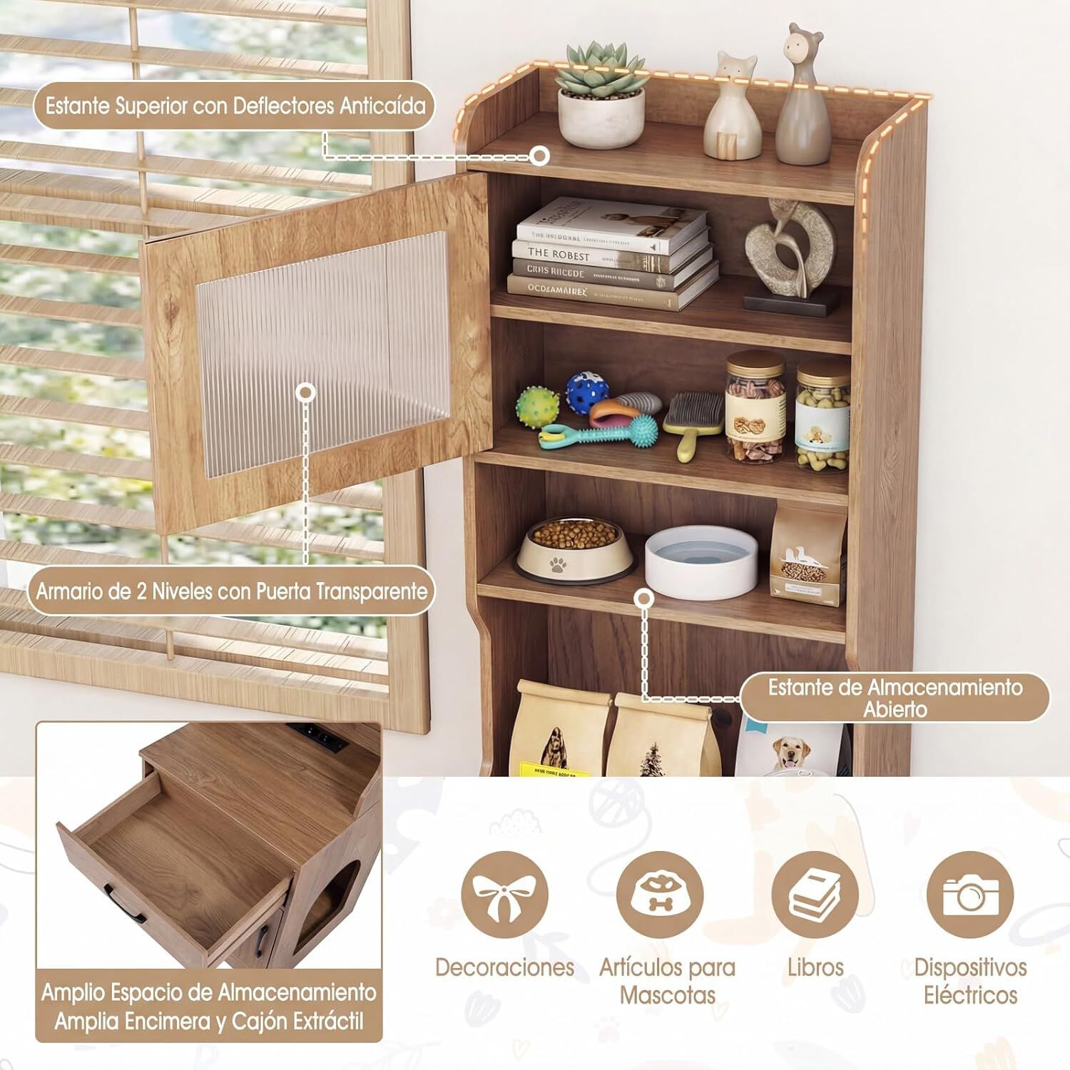 COSTWAY Mueble Arenero Gatos Alto con Luz LED, Armario Arenero para Gatos con Estantes, Estaci&oacute;n de Carga, Caj&oacute;n, 20 Modos de Luz, Control Remoto, Mueble Auxiliar para Gato, 50x45x152cm, Natural, , large Imagen numero 4