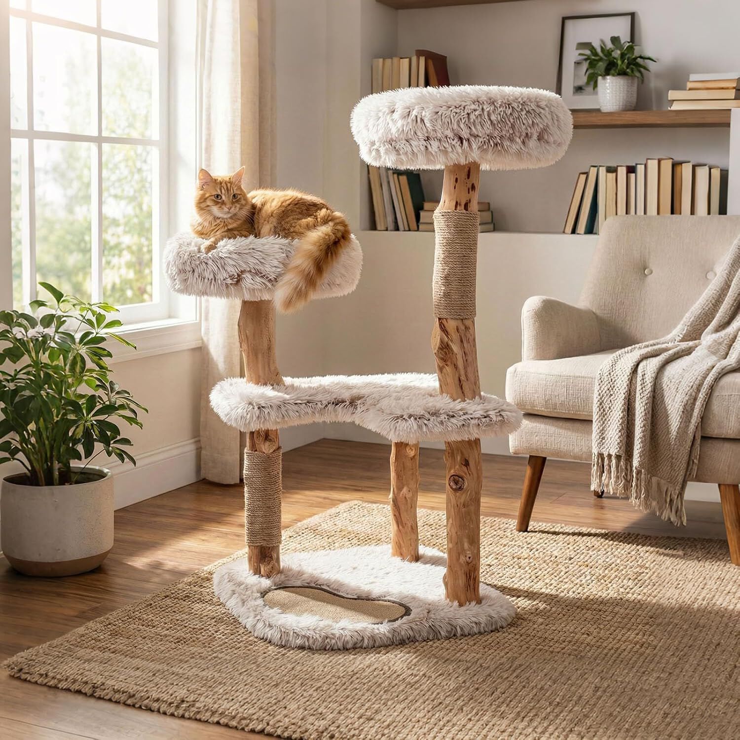 COSTWAY 101 cm &Aacute;rbol Rascador para Gatos de Madera Maciza, 4 Plataformas Acolchadas de Felpa, Postes Rascadores y Alfombrilla, Torre Rascador para Gatos en Forma de Ramas de Bohemio para Interior, , large Imagen numero 2