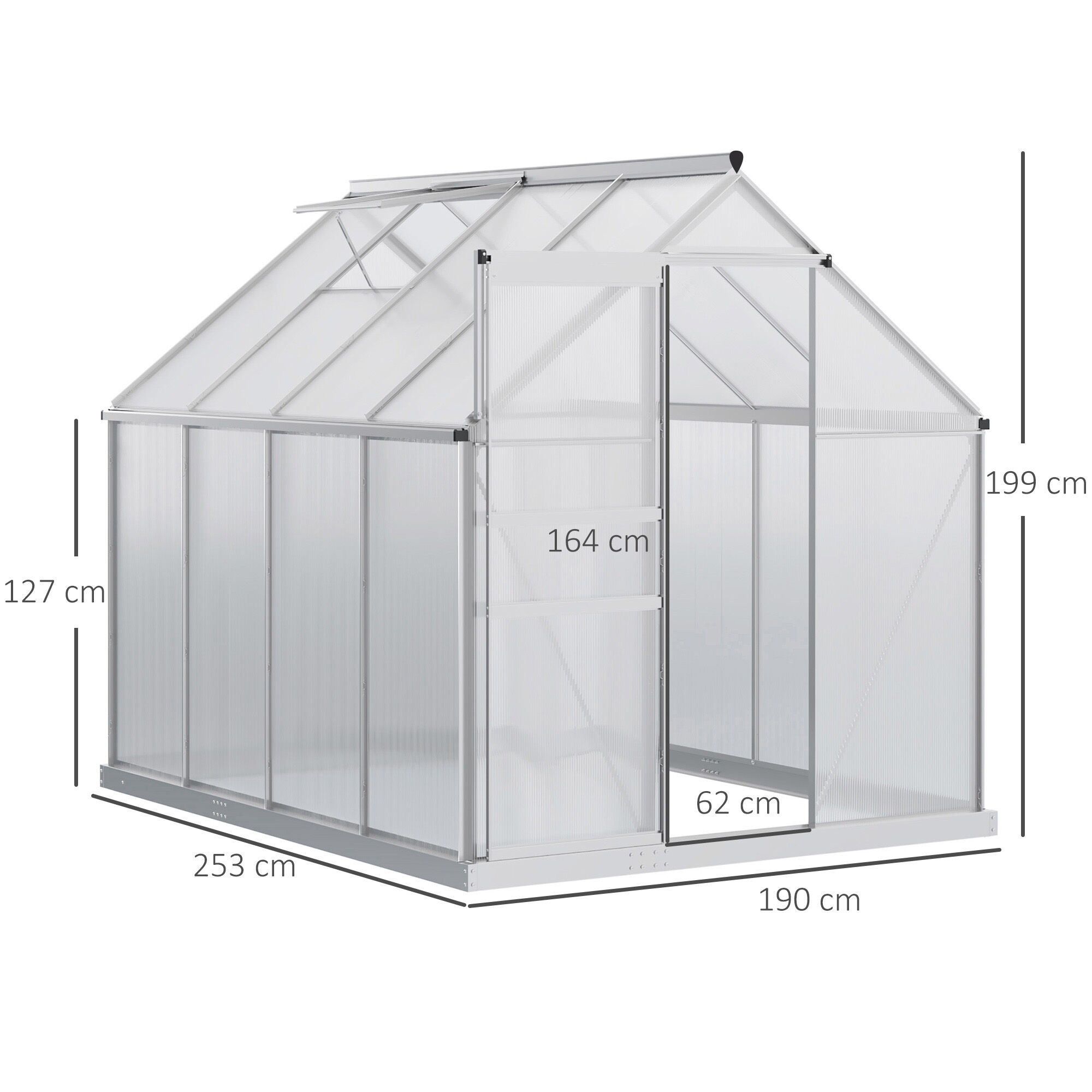 Outsunny Invernadero Policarbonato Aluminio de Jard&iacute;n 190x253x199 cm 4,8m&sup2; Caseta de Exterior con Base Puerta Corredera y Tragaluce para Cultivo Plantas Semillas Transparente, , large Imagen numero 3
