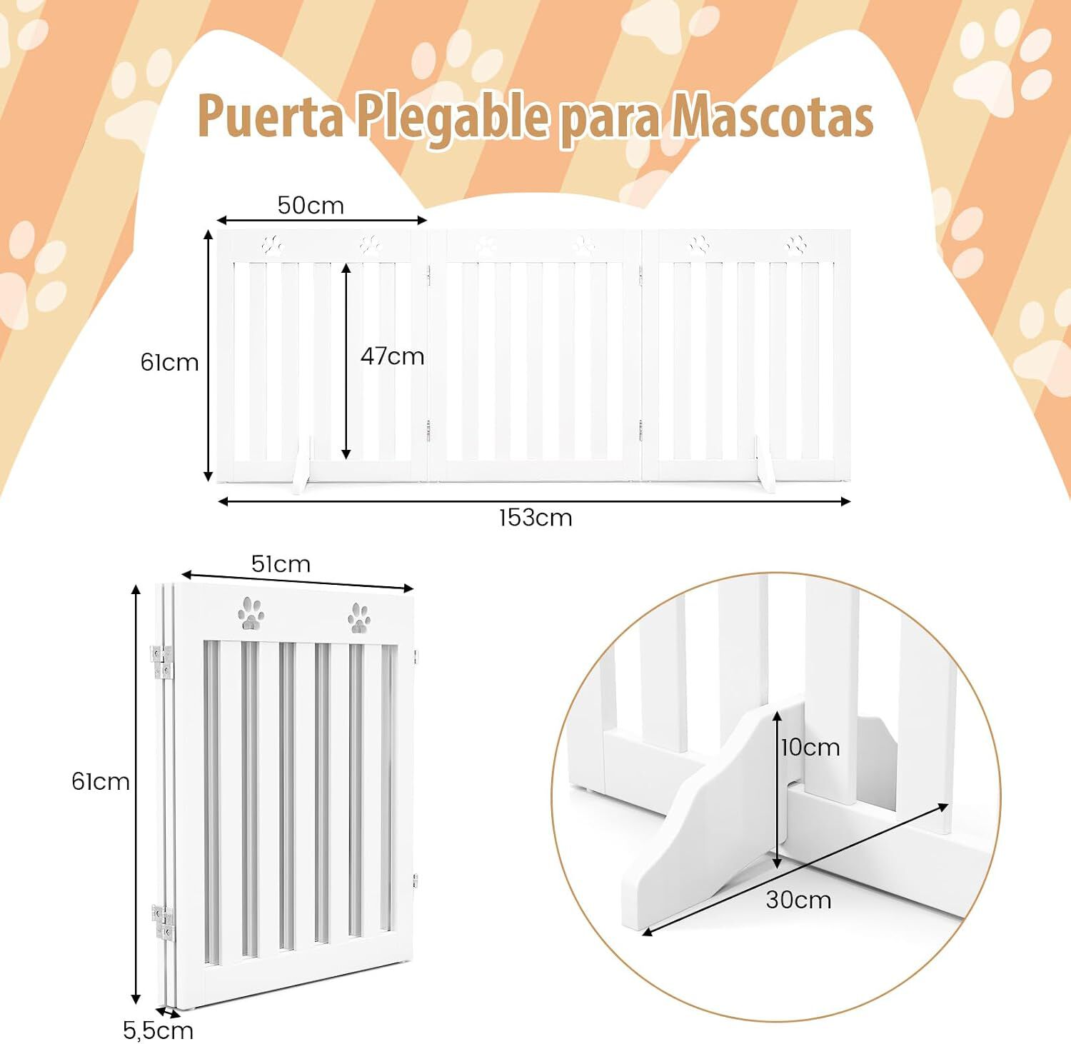 COSTWAY Barrera de Seguridad Plegable para Perros Mascotas Valla Protecci&oacute;n para Habitaci&oacute;n Puerta Escalera, 3 Paneles, Blanco, , large Imagen numero 3