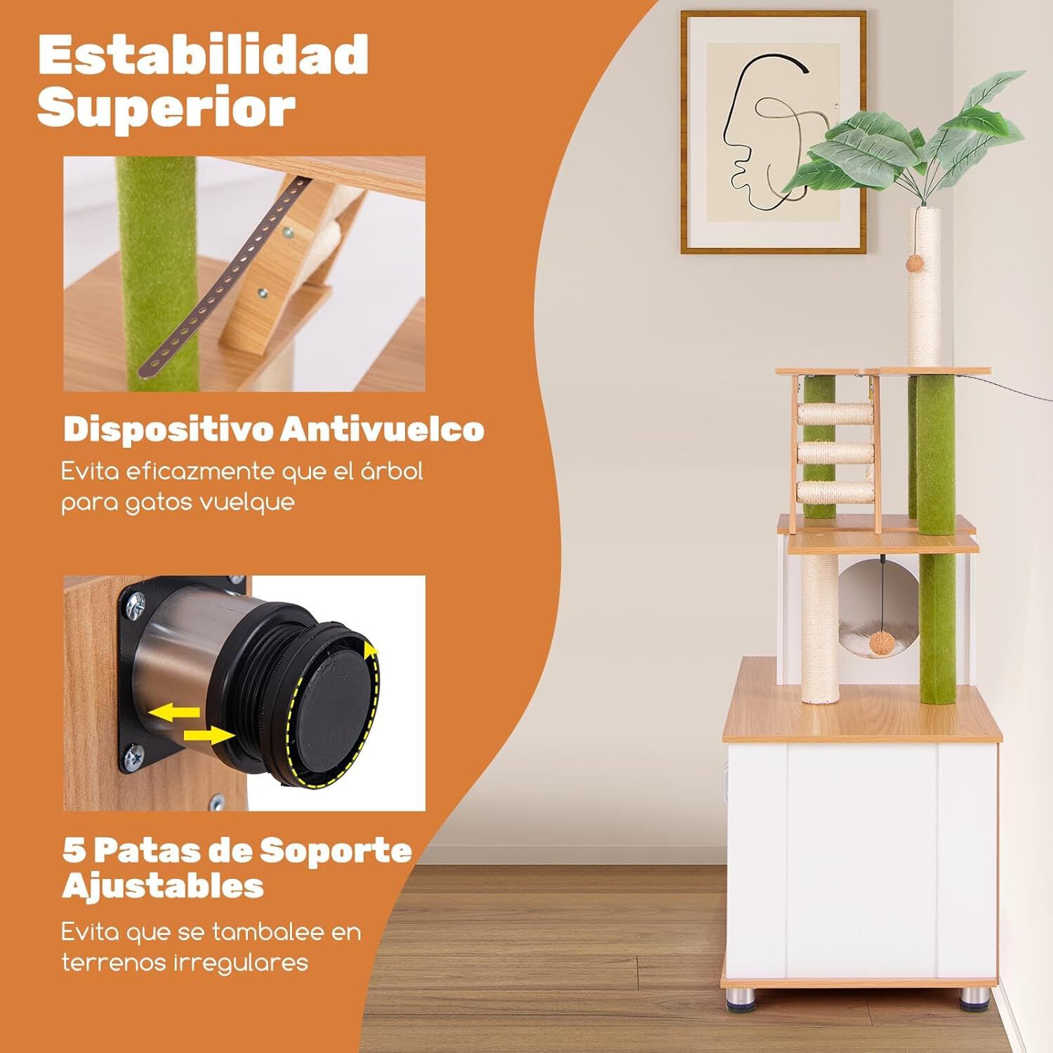 COSTWAY &Aacute;rbol para Gatos con Caja de Arena, 2 en 1 Rascador para Gatos Moderno, &Aacute;rbol de Actividades para Gatos con Escalera, Rascador, Cuerda de Sisal y Bolas Colgantes, Verde y Blanco y Natural, , large Imagen numero 4