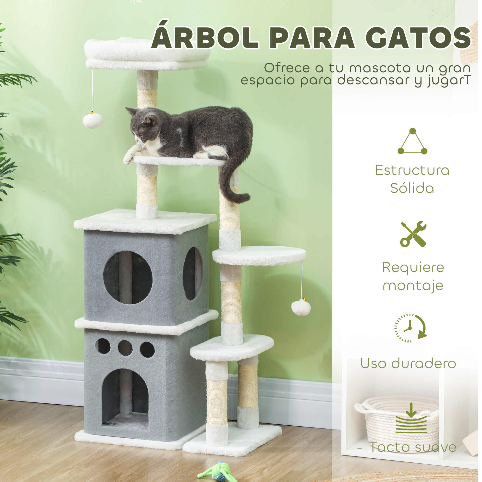 PawHut &Aacute;rbol Rascador para Gatos 126 cm Torre para Gatos Rascador para Gatos con Nidos Plataformas Bolas Colgantes y Postes de Sisal Crema, , large Imagen numero 4