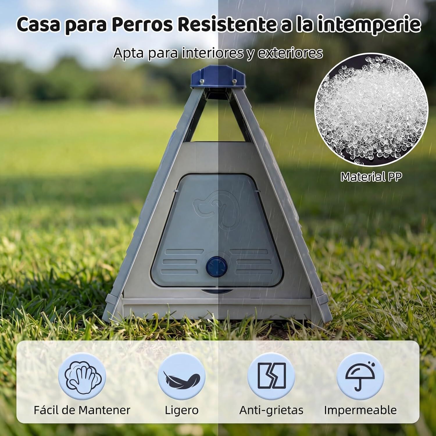 COSTWAY Caseta Perros para Exterior, Casa Plegable de Pl&aacute;stico para Perros con Puerta de Solapa Bloqueable, Ventanas, Base Elevada, Refugio Port&aacute;til Impermeable para Mascotas, 72 x 60 x 68 cm (Azul), , large Imagen numero 3
