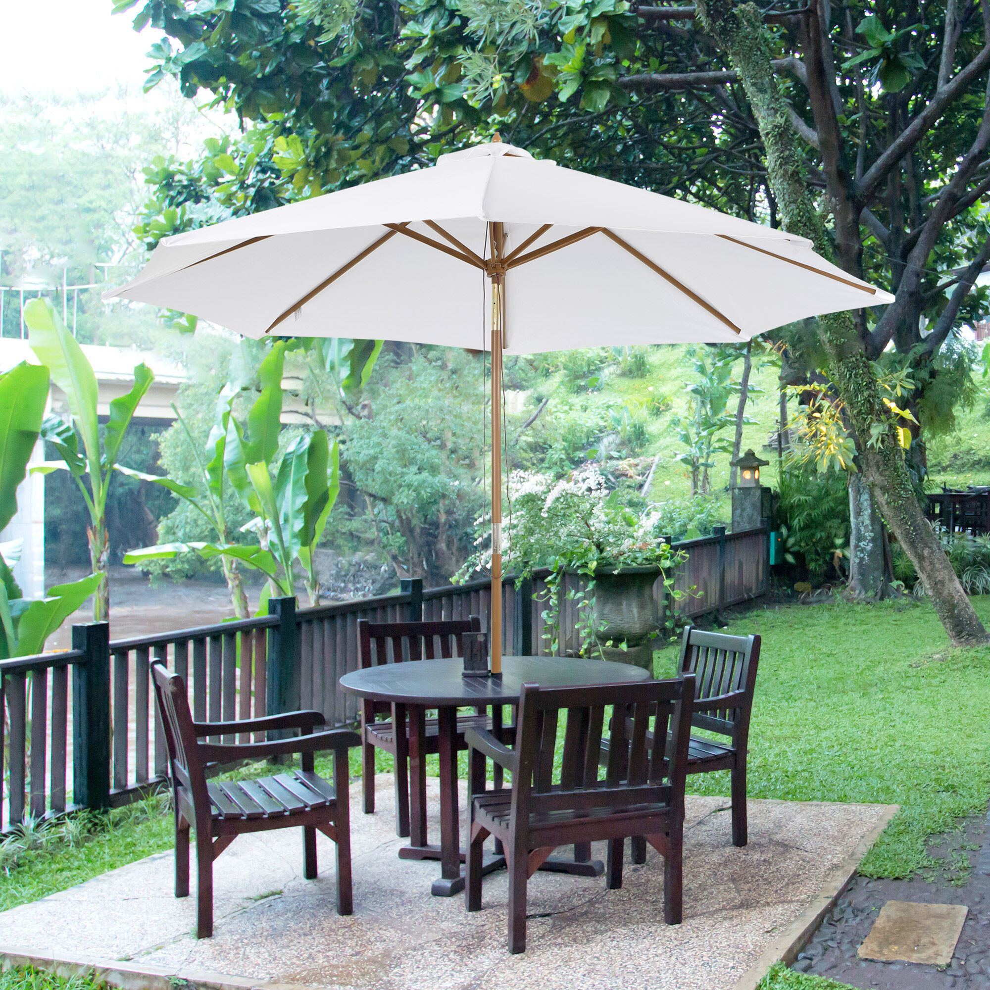 Outsunny Sombrilla Parasol de Madera Grande &Oslash;300x250cm para Exterior Jard&iacute;n Patio Altura Ajustable en 3 Niveles Desmontable Port&aacute;til F&aacute;cil de Guardar y Transportar Color Marfil, , large Imagen numero 2